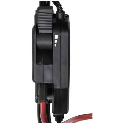 Schwarzes elektronisches Gerät mit Kabeln, seitliche Ansicht. Enthält Bedienelemente und Symbolmarkierungen.