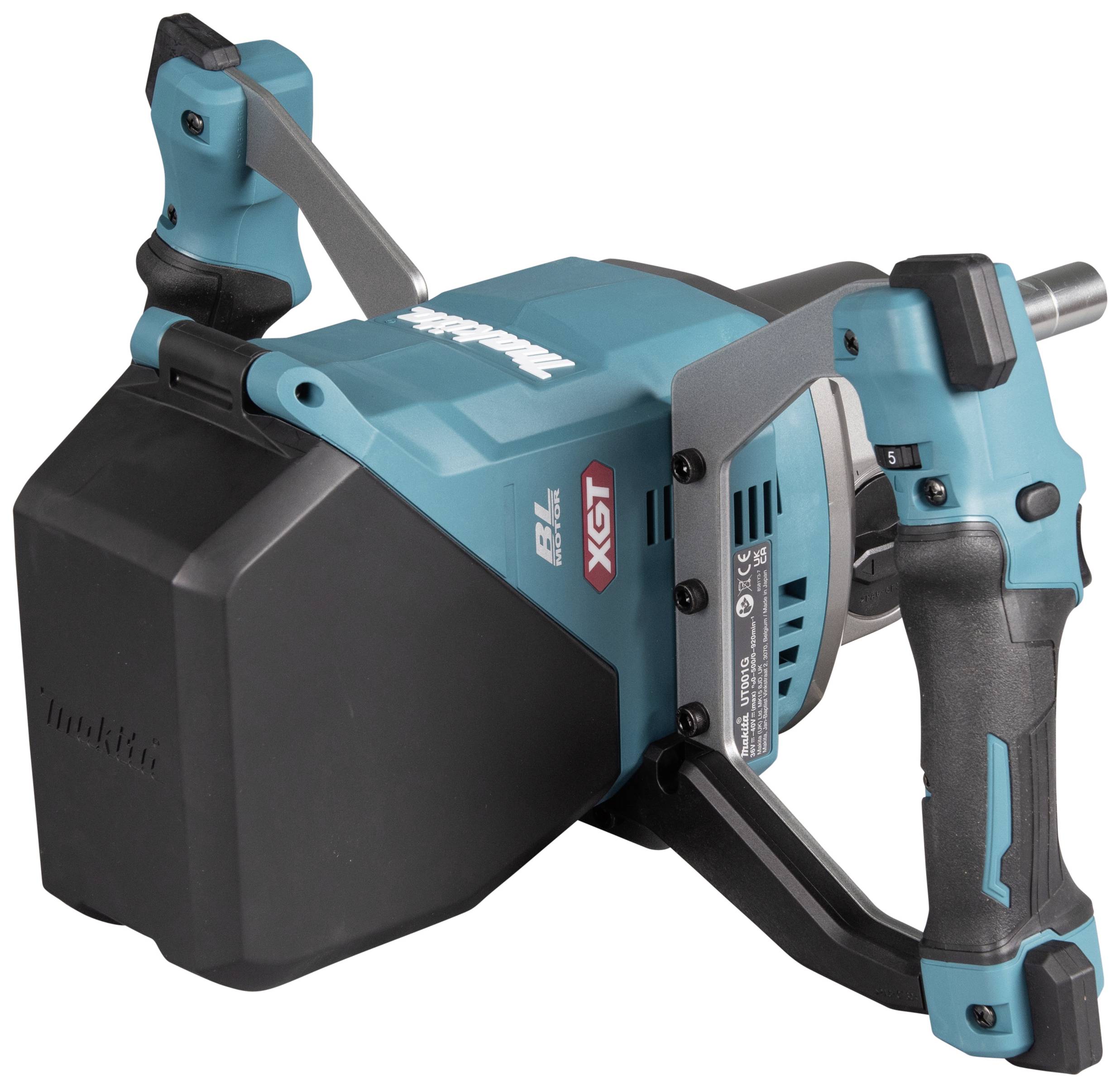 Ein blau-schwarzes Elektrowerkzeug mit einem stabilen Griff und einem großen, rechteckigen Kopf, vermutlich ein Handmischer.