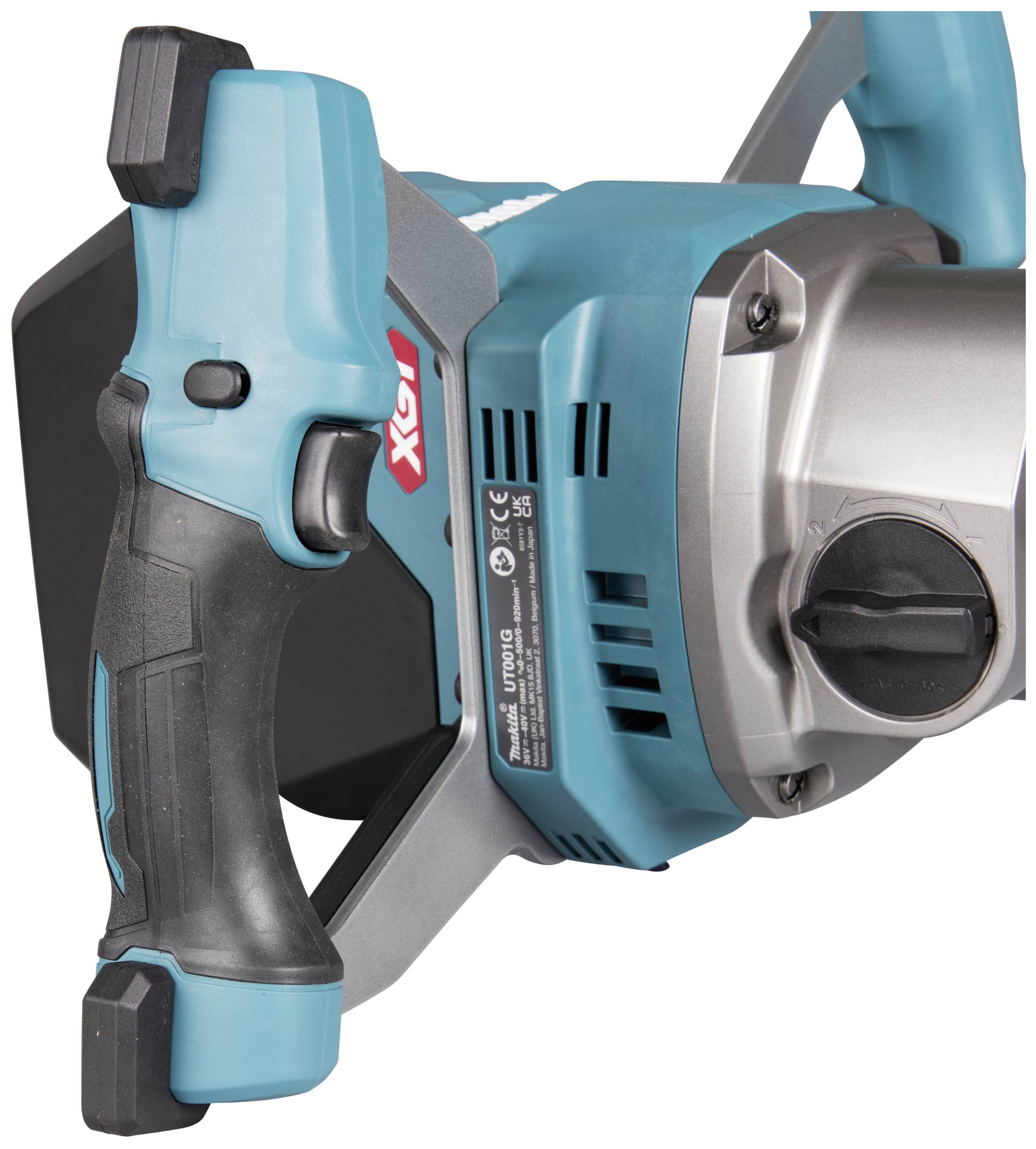 Ein elektrisches Handwerkzeug mit blau-schwarzem Design, robustem Griff und Bedienelementen, wahrscheinlich ein Mischgerät oder Bohrer.