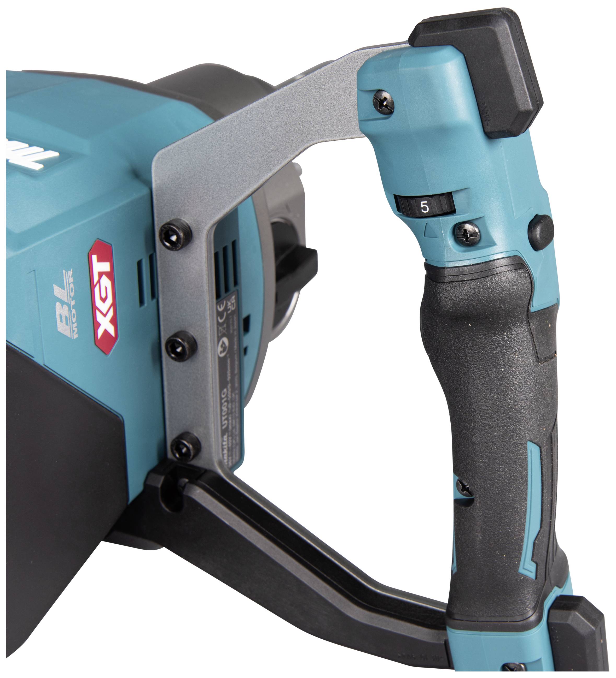 Ein blau-schwarzes Elektrowerkzeug mit ergonomischem Griff und einem roten 'XGT' Logo an der Seite, geeignet für schwere Arbeiten.