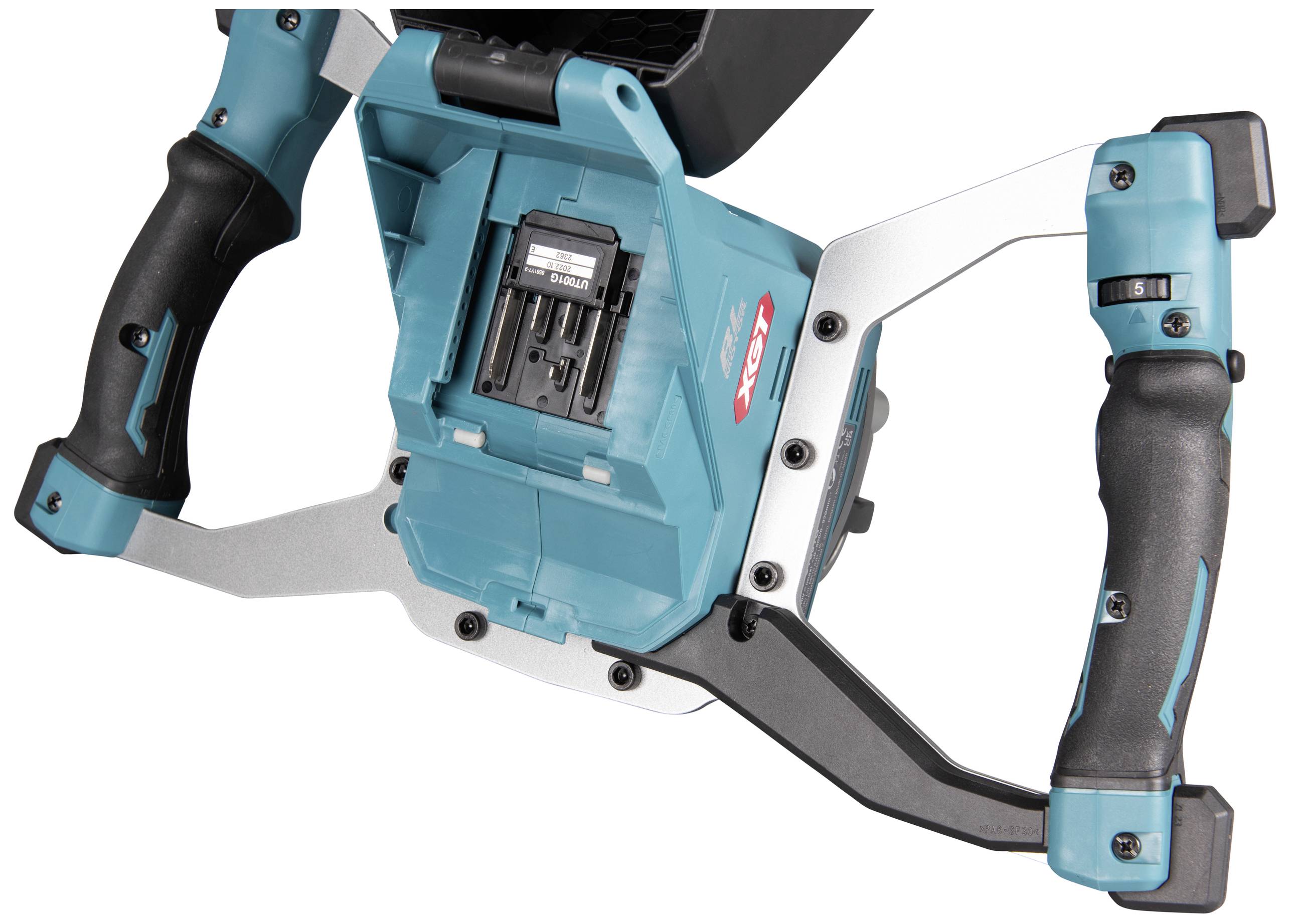 Ein elektrisches Werkzeug mit blau-schwarzem Griff und Batteriefach, aufgenommen aus der Nähe.