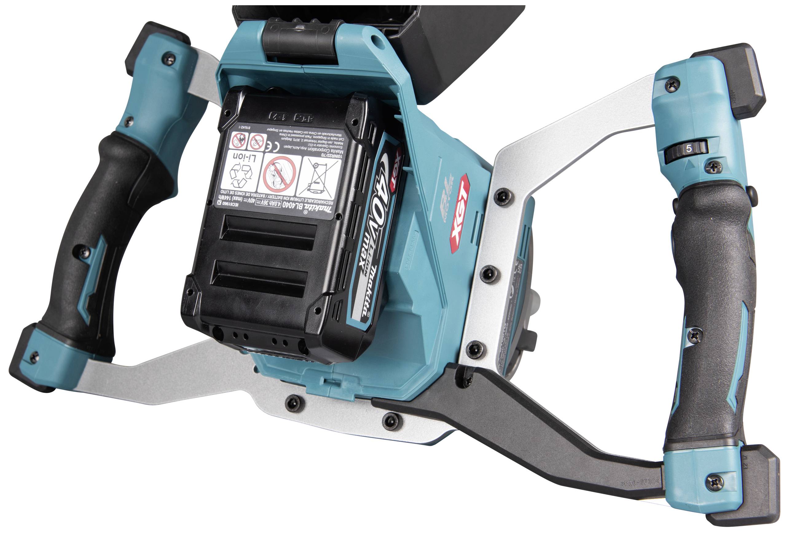'Nahaufnahme einer elektrischen Handbohrmaschine mit ergonomischen Griffen und einer Batterieeinheit in der Mitte.'