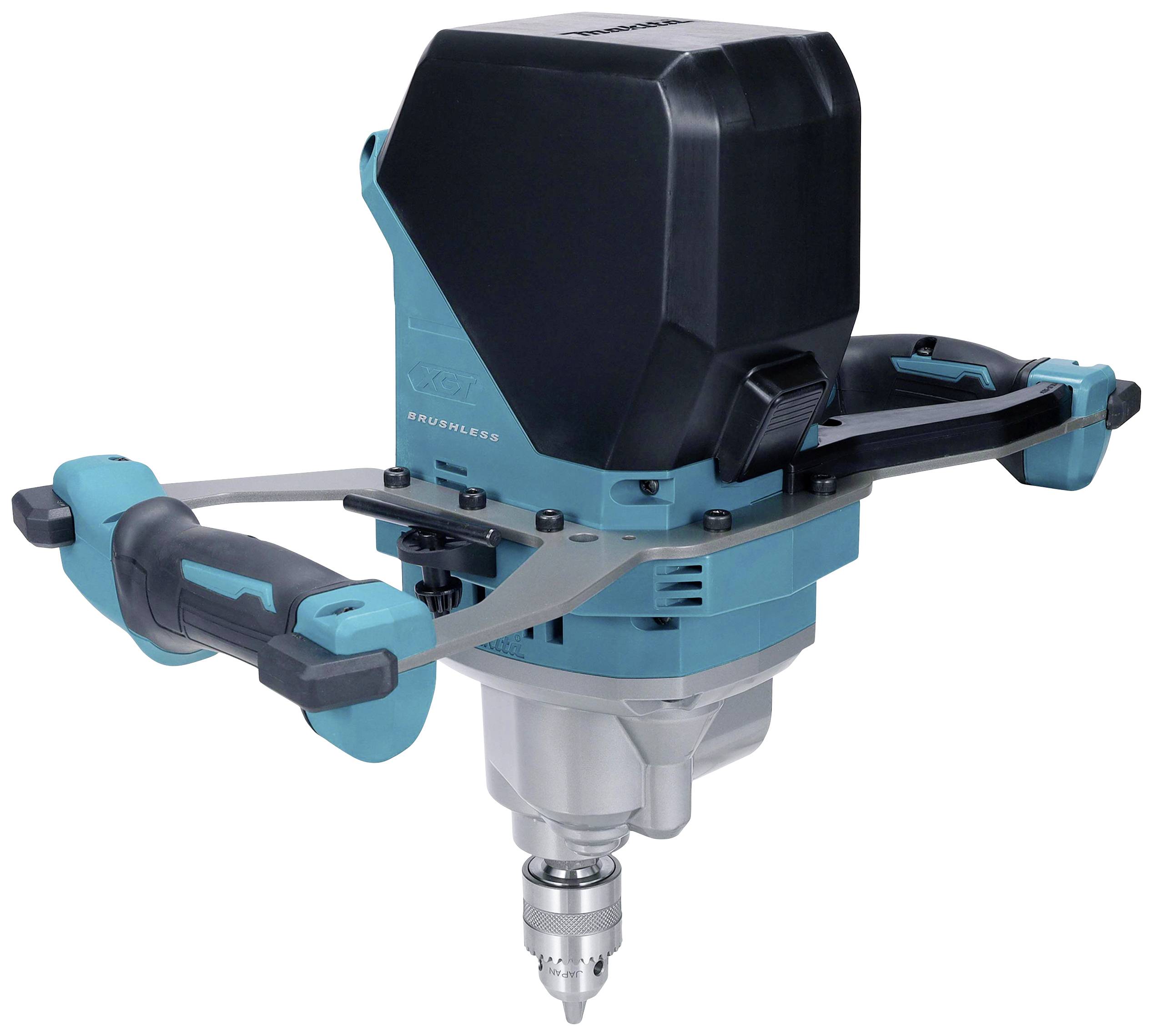 Elektrische Bohrmaschine mit blau-schwarzem Gehäuse, zwei Griffen und silbernem Bohrfutter.