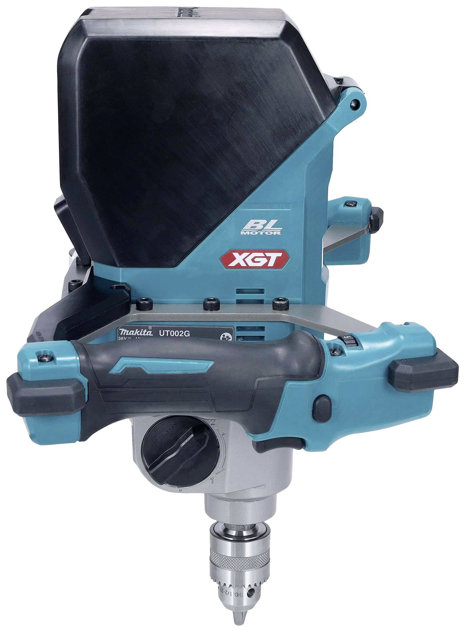 Eine blaue Bohrmaschine mit schwarzem Gehäuse und 'XGT'-Logo, zeigt den vorderen Werkzeughalter und ein robustes Design für schwere Arbeiten.