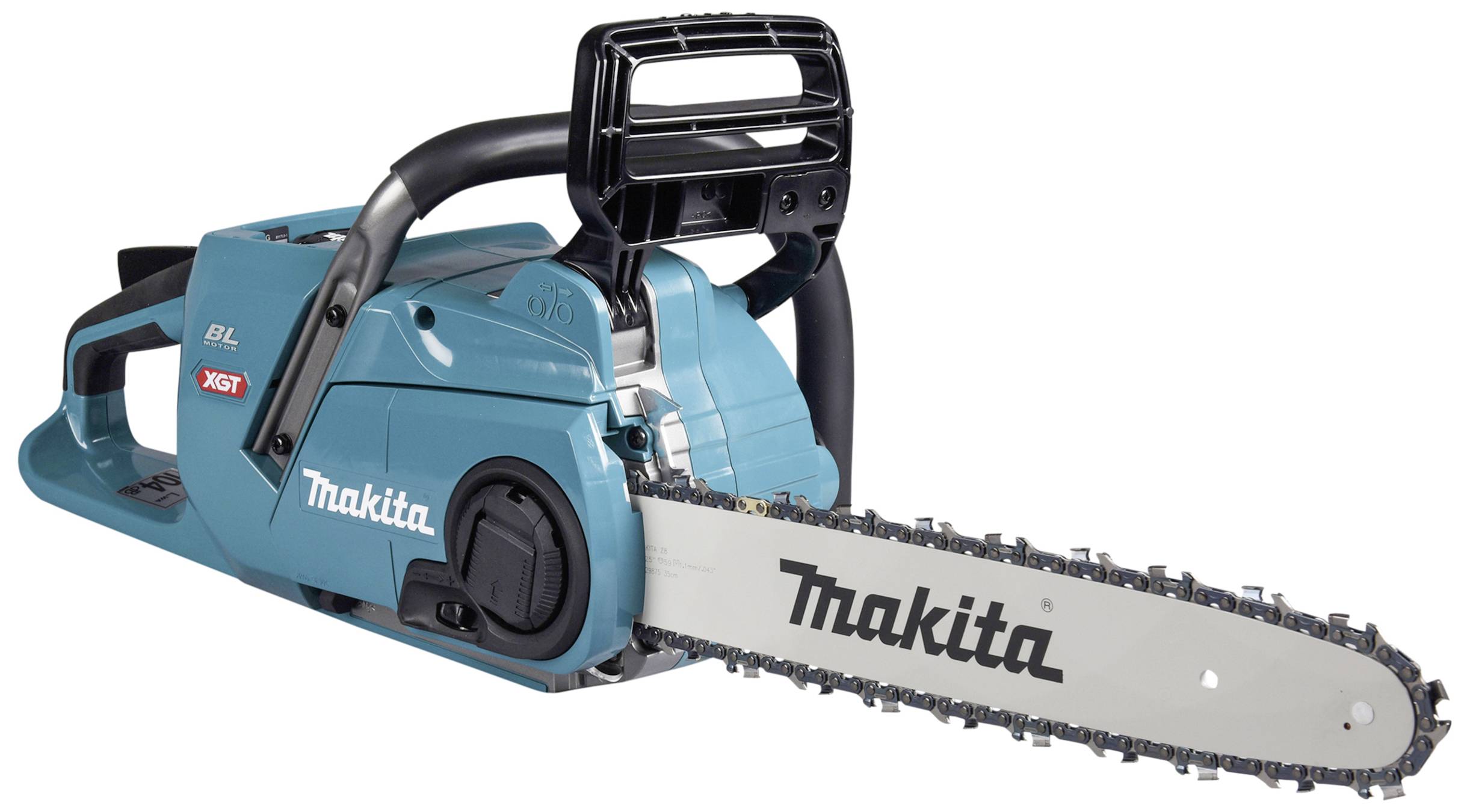 Blaue Kettensäge mit schwarzem Griff und silberner Schiene. Das Logo 'Makita' ist auf der Schiene und dem Körper der Kettensäge sichtbar.