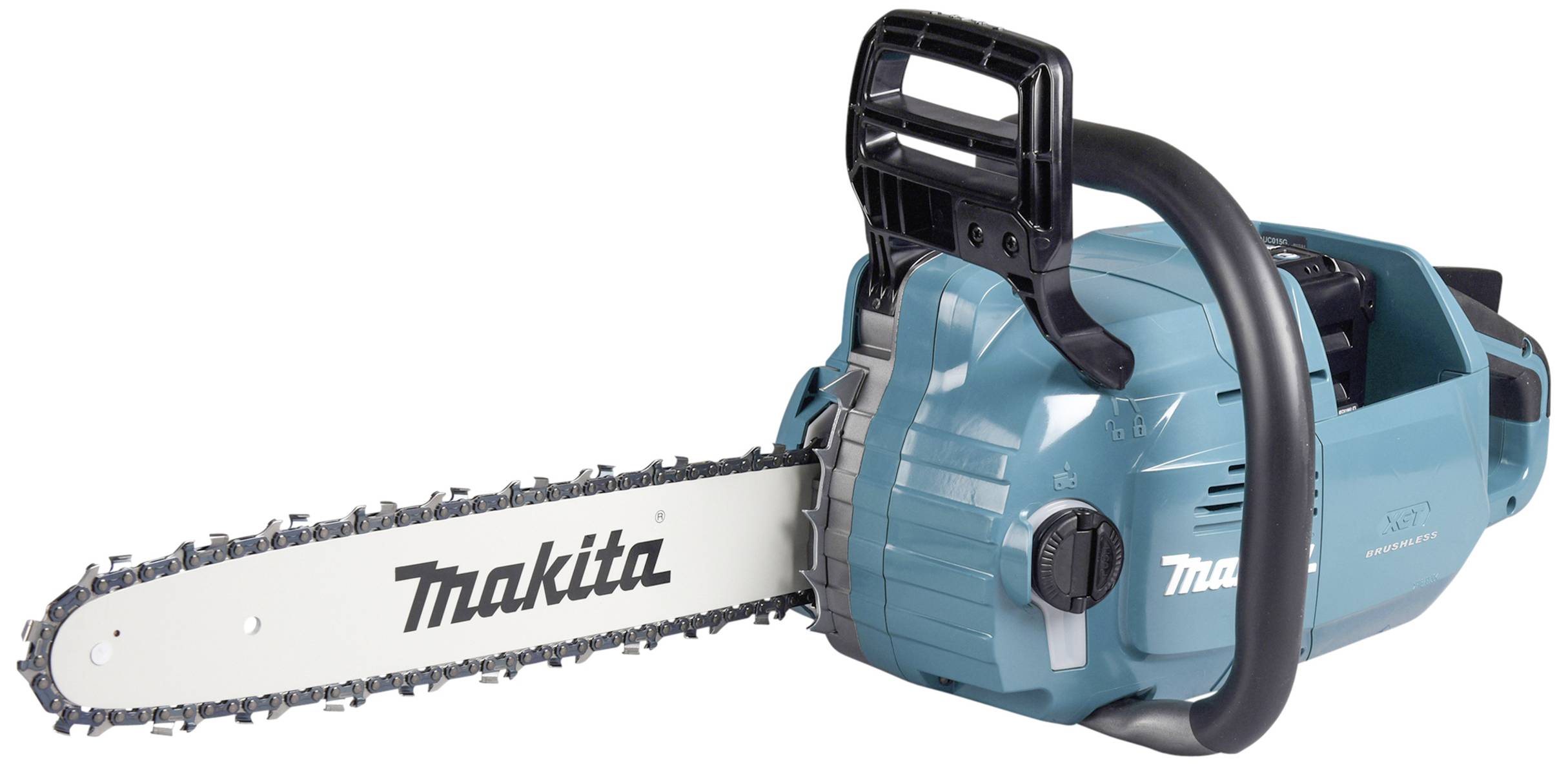 Kettensäge in blauem Gehäuse, seitlich abgebildet mit sichtbarem Schwert und Markennamen 'Makita' auf dem Schwert.