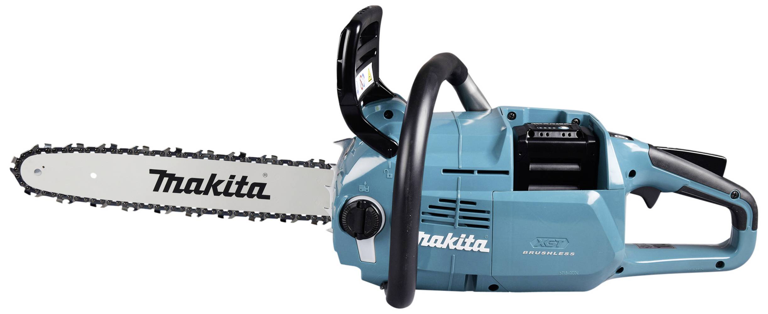 Eine blaue elektrische Kettensäge von Makita mit Schwert und Kette. Sie ist für das Sägen von Holz konzipiert.