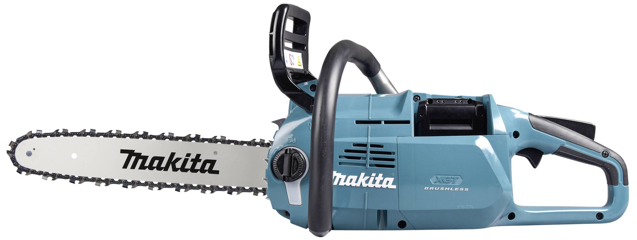Eine blaue Kettensäge mit seitlichem Griff und langer Kette, auf der 'Makita' steht. Sie liegt auf der Seite, der Schalter ist sichtbar.
