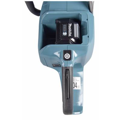 Ein elektrisches Gartengerät in Blau mit einem eingesetzten Akku, einem Ein-/Ausschalter und einem angezeigten Schallpegel von 94 dB.