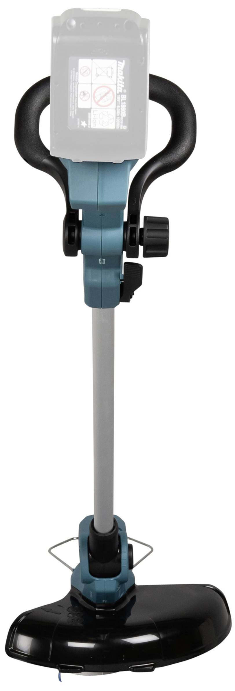 Elektrischer Rasentrimmer in blau-schwarzer Farbgebung mit ergonomischem Griff und verstellbarem Stiel, geeignet für Gartenarbeiten.