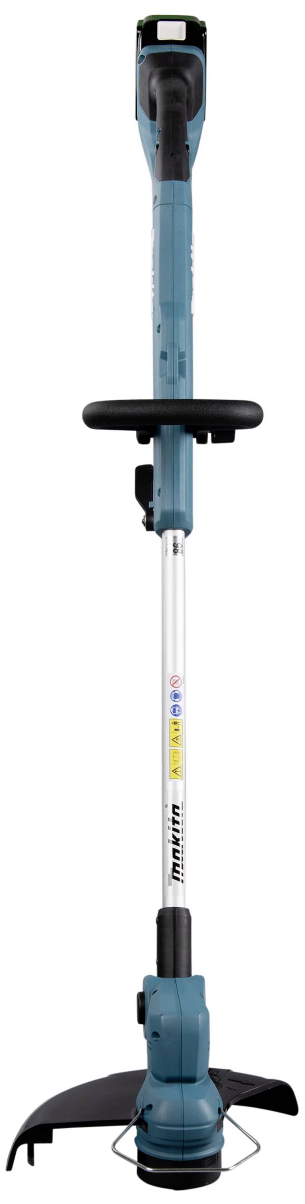 Ein blauer und schwarzer Rasentrimmer mit ergonomischem Griff und Schutzvorrichtung, ideal für Gartenschneidearbeiten.