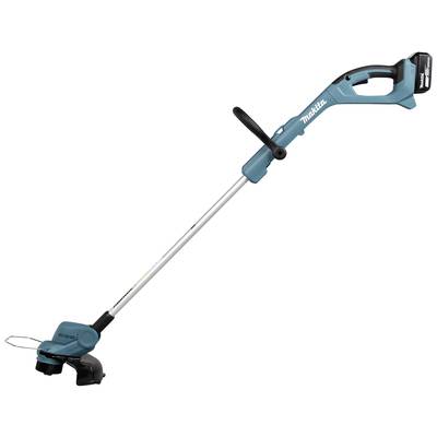 Ein blauer elektrischer Rasentrimmer mit langem Griff und schwarzem Schneidkopf, geeignet zum Trimmen von Gras in kleinen Gärten.