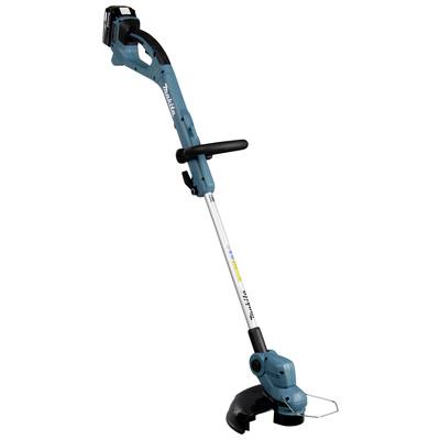 Elektrischer Rasentrimmer mit blauem Gehäuse und schwarzem Schneidkopf. Geeignet für präzises Trimmen von Gras an schwer zugänglichen Stellen.