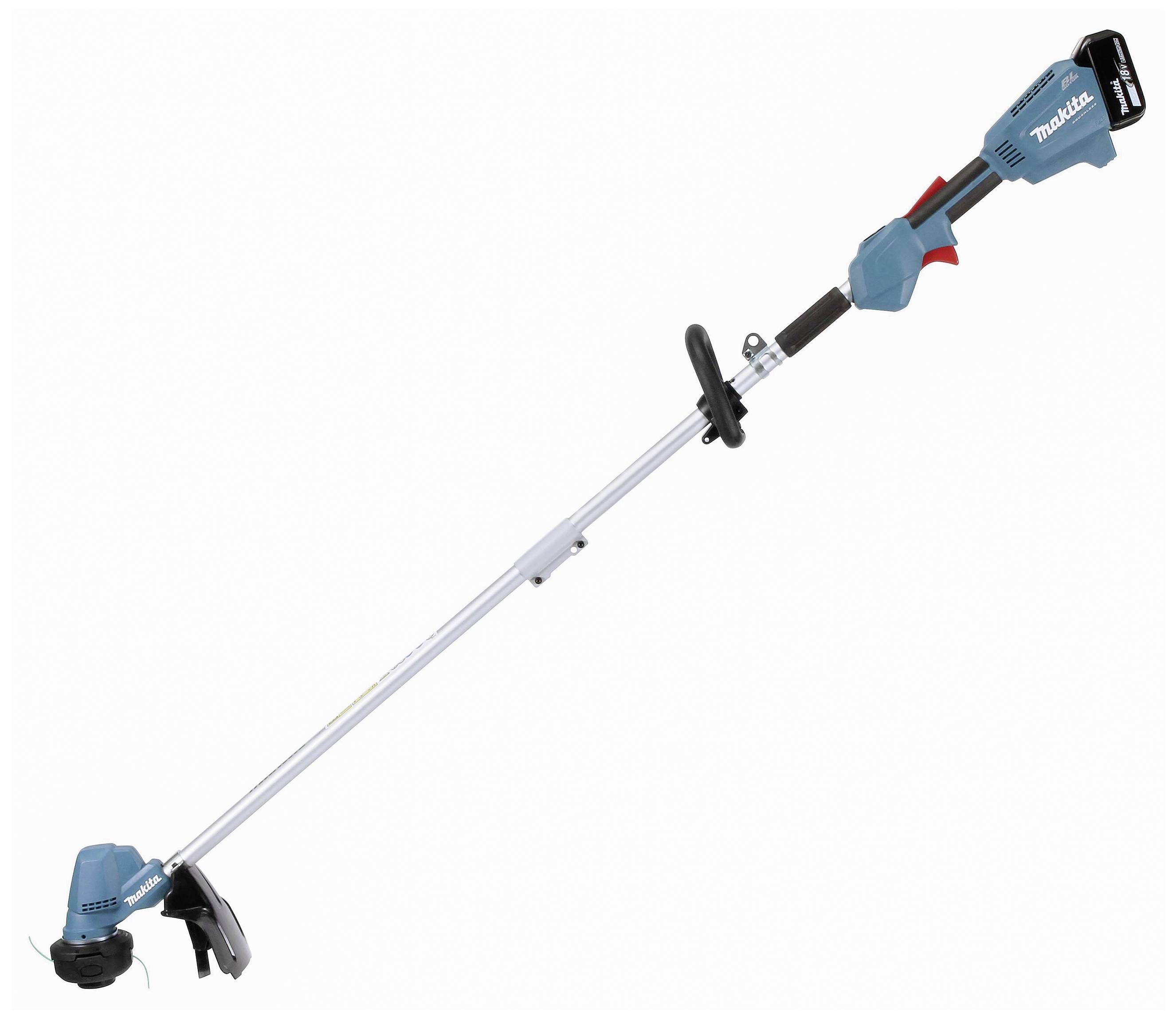 Ein kabelloser Rasentrimmer mit blauem Gehäuse und einem langen, verstellbaren Griff. Ideal für das Trimmen von Rasenkanten.