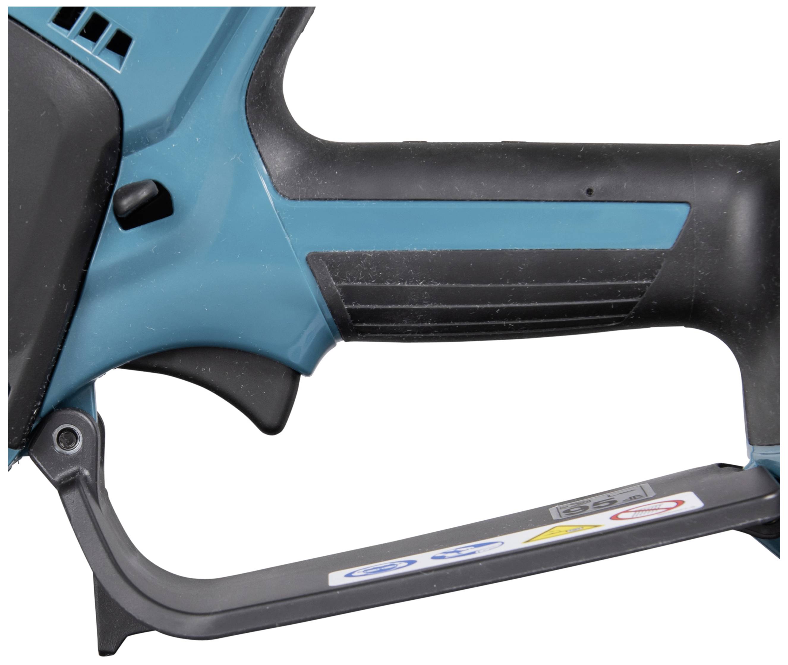 Ausschnitt eines blauen und schwarzen elektrischen Werkzeugs mit Griff, der ergonomisch gestaltet ist.