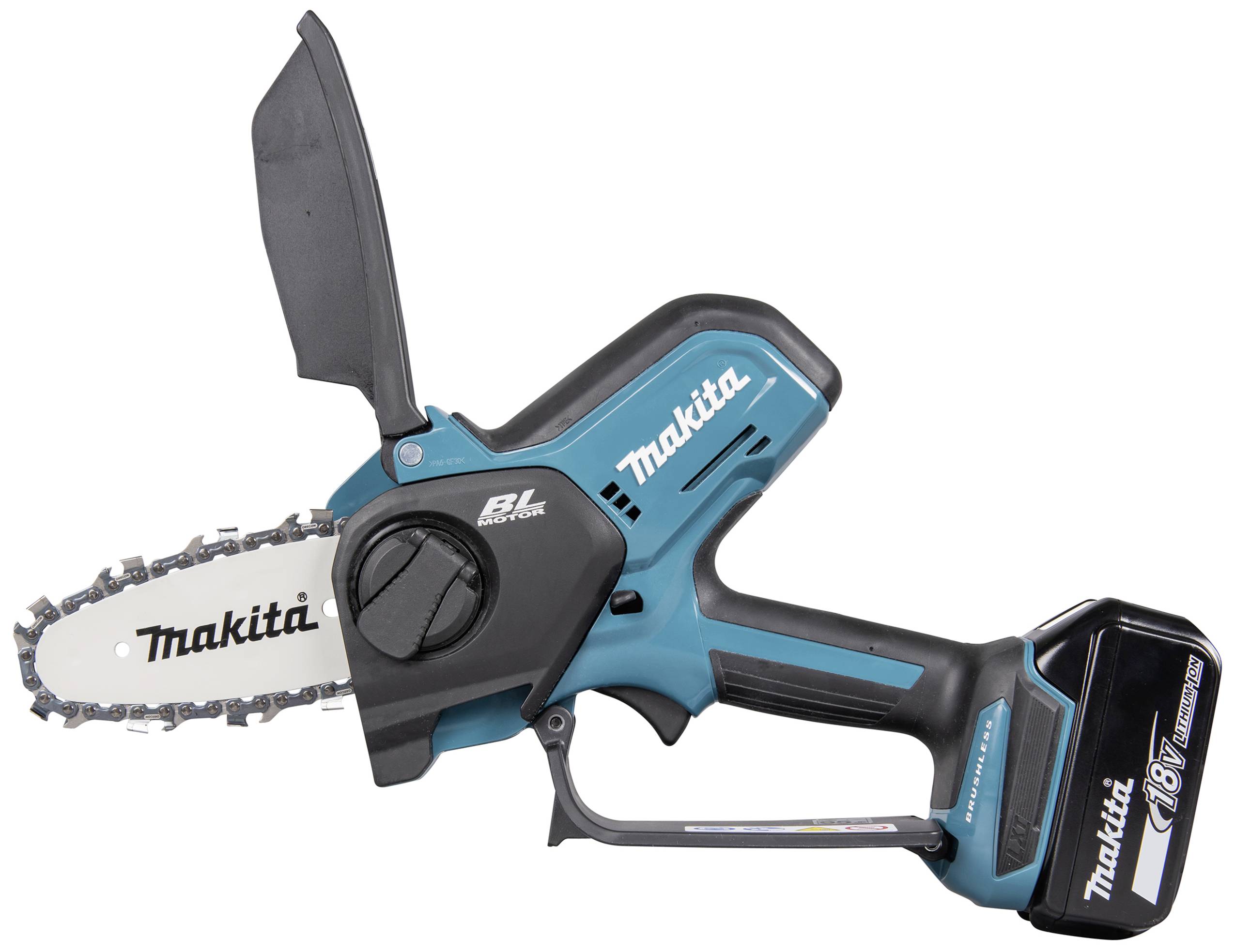 Eine kabellose Kettensäge der Marke Makita mit 18V-Akku und einer kompakten, handlichen Bauweise, ideal für kleine Sägearbeiten.