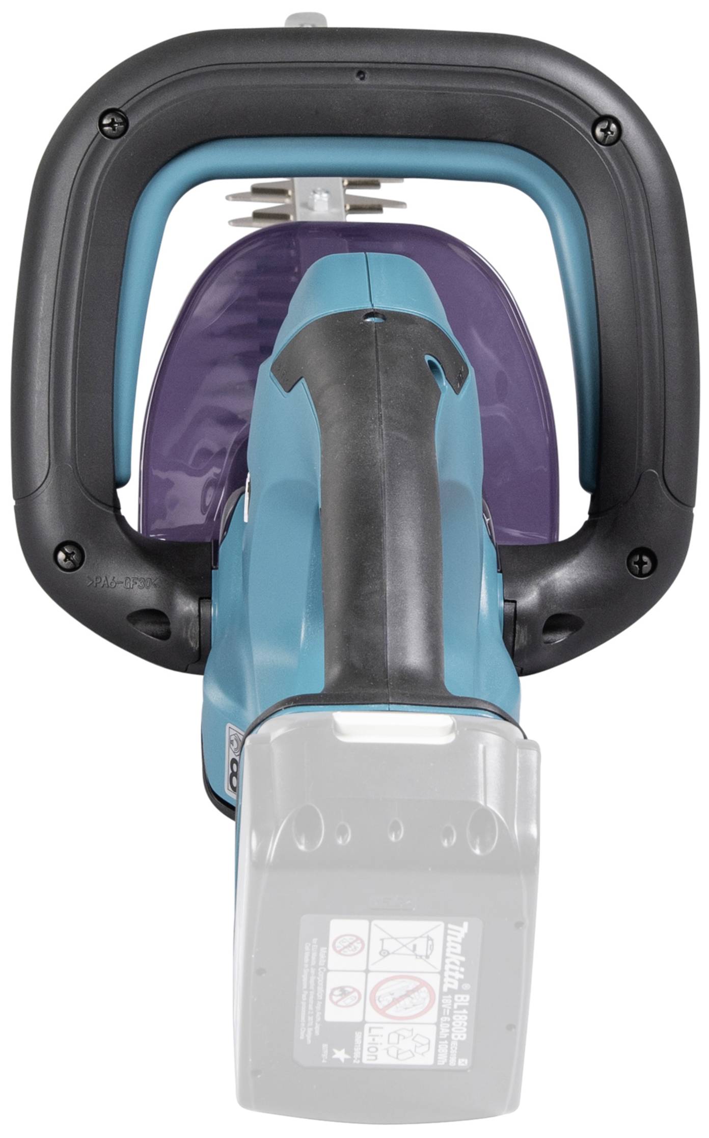 Akkubetriebene Heckenschere mit ergonomischem Griff, schwarzer Schutzabdeckung auf den Klingen, türkisfarbenem Gehäuse.