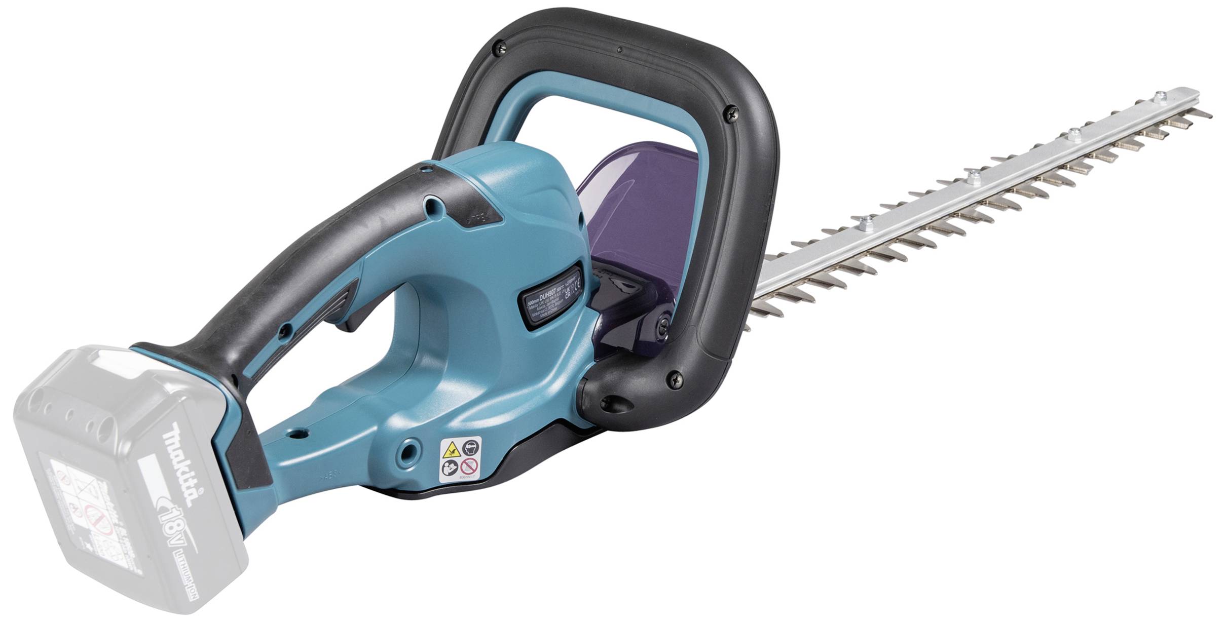 Ein Akku-Heckenschneider mit ergonomischem Griff und langer Schneidklinge, ideal zum Trimmen von Hecken und Sträuchern.