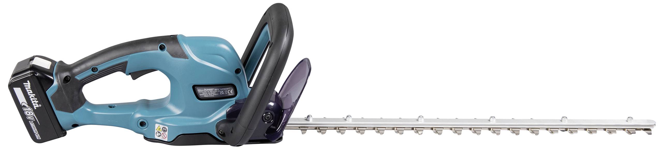 Akkubetriebene Heckenschere mit blauem Gehäuse; ergonomischer Griff, langer Schneidbalken, rechts ausgerichtet; für Gartenarbeit.