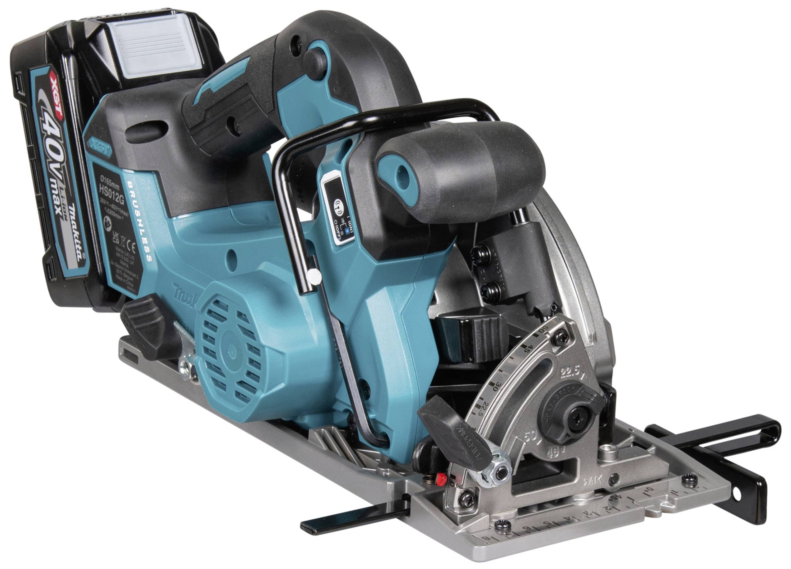 Eine blaue, kabellose Kreissäge mit 40V-Akku, geeignet für präzise Holzschnitte. Die Säge hat einen ergonomischen Griff und eine Winkelskala.