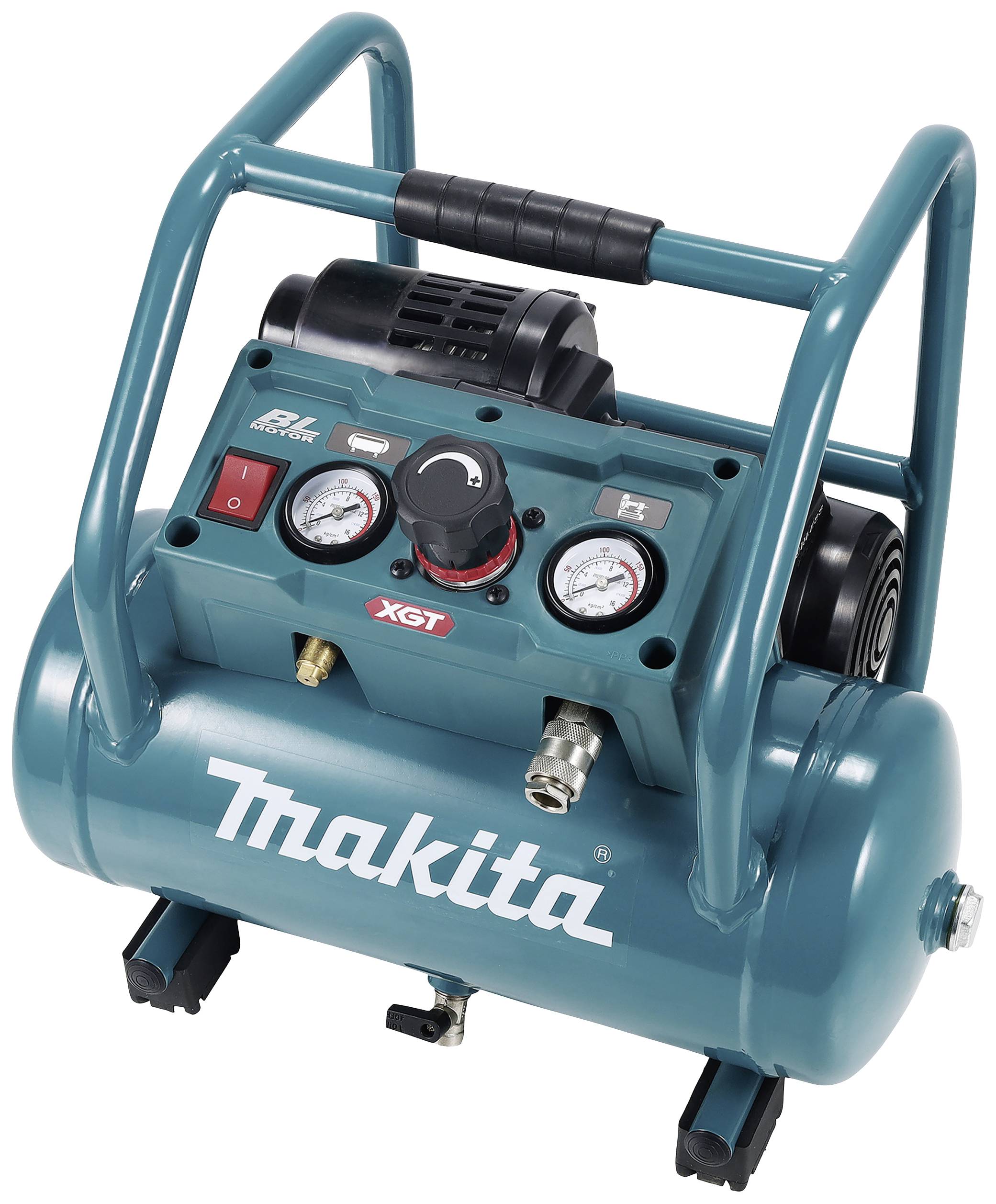 'Makita'-Luftkompressor mit zwei Druckanzeigen, rotem Schalter und blauem Gehäuse. Designed für Werkzeuge mit dem XGT-System.