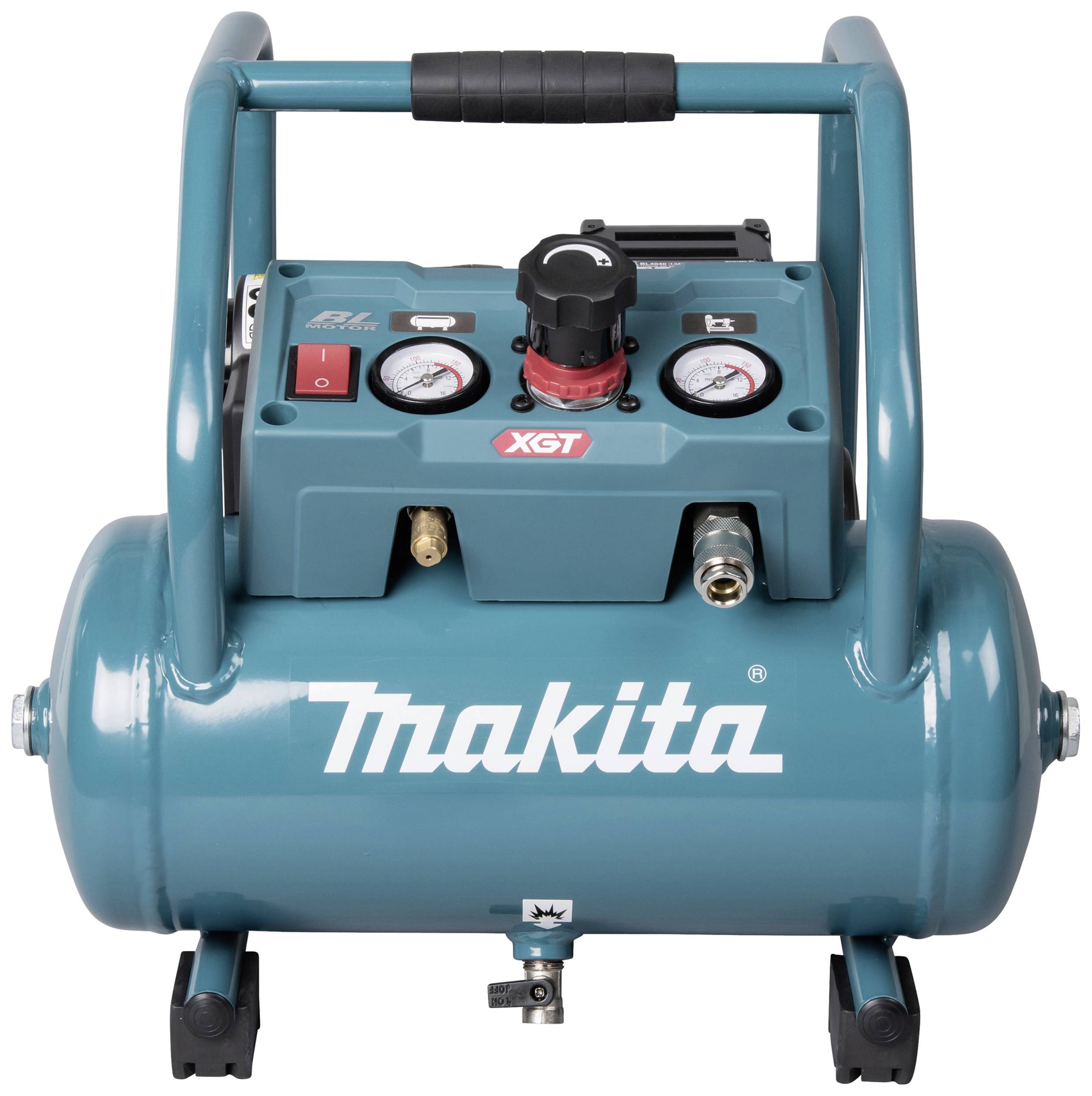 Ein blauer tragbarer Makita-Kompressor mit Druckmanometern, roten und schwarzen Ventilknöpfen und geformtem Griff.