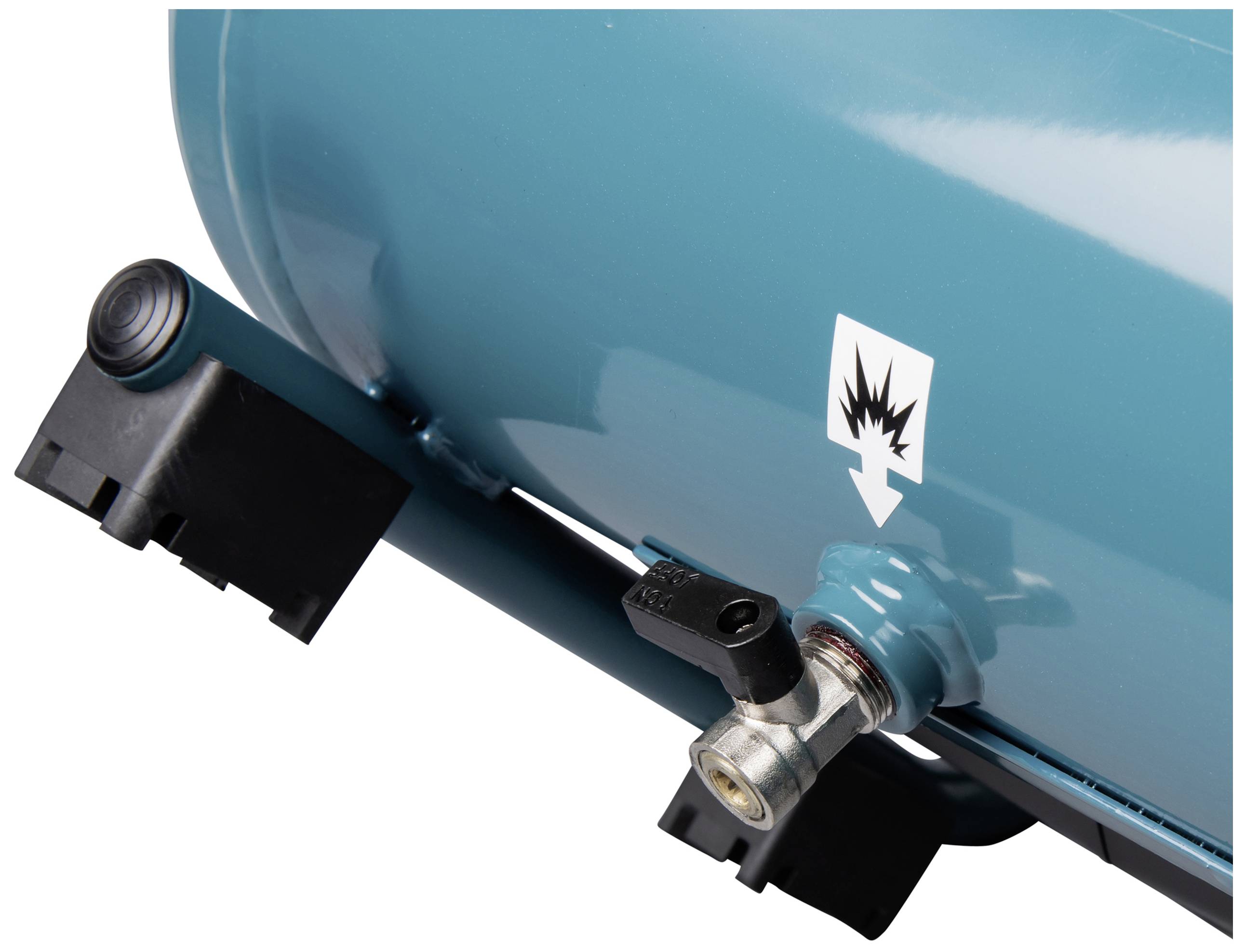 Ventil eines blauen Druckbehälters mit Warnsymbol für explosive Stoffe.