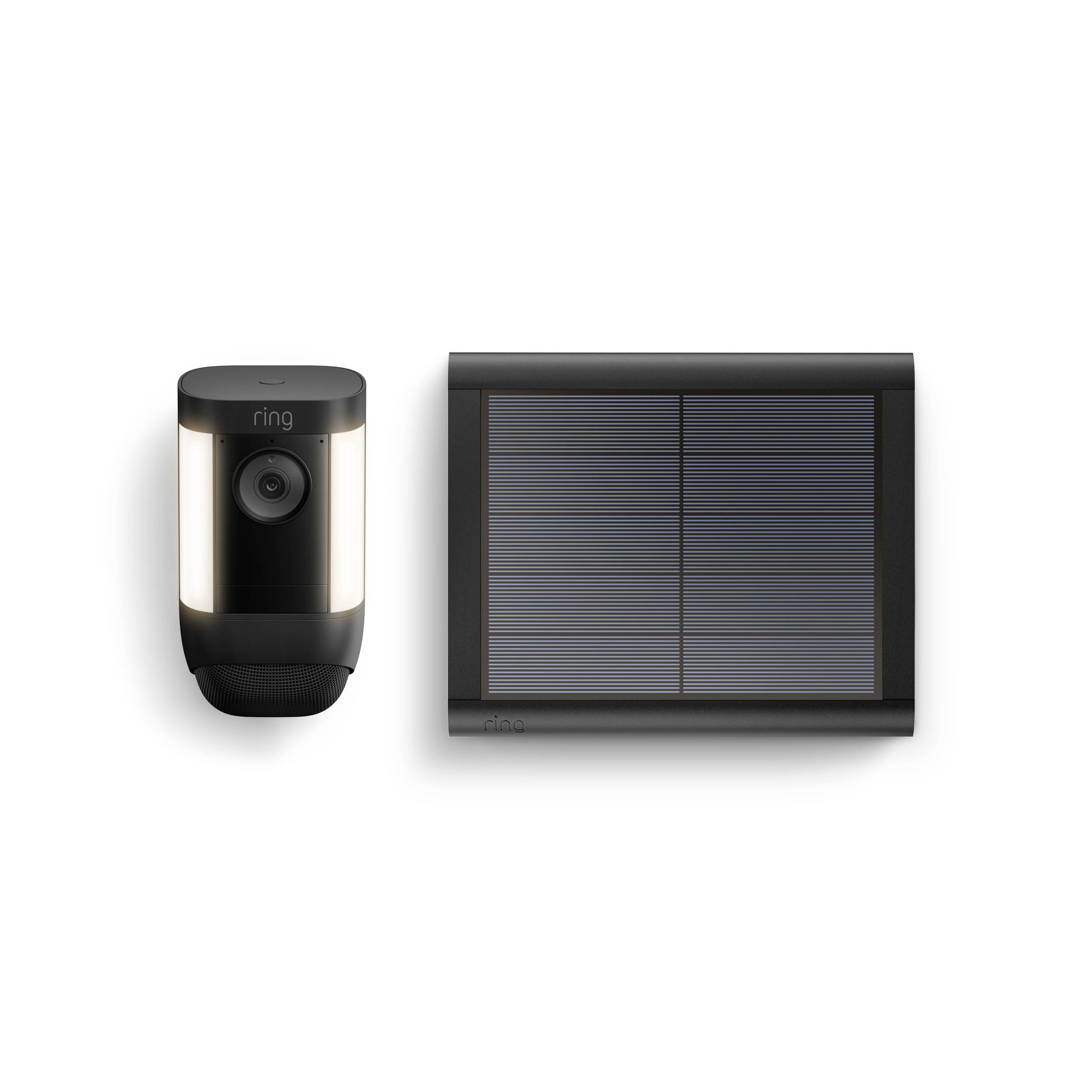 'Ring Kamera mit Solarpanel; links: Kamera mit schwarzem Gehäuse, rechts: rechteckiges Solarpanel.'