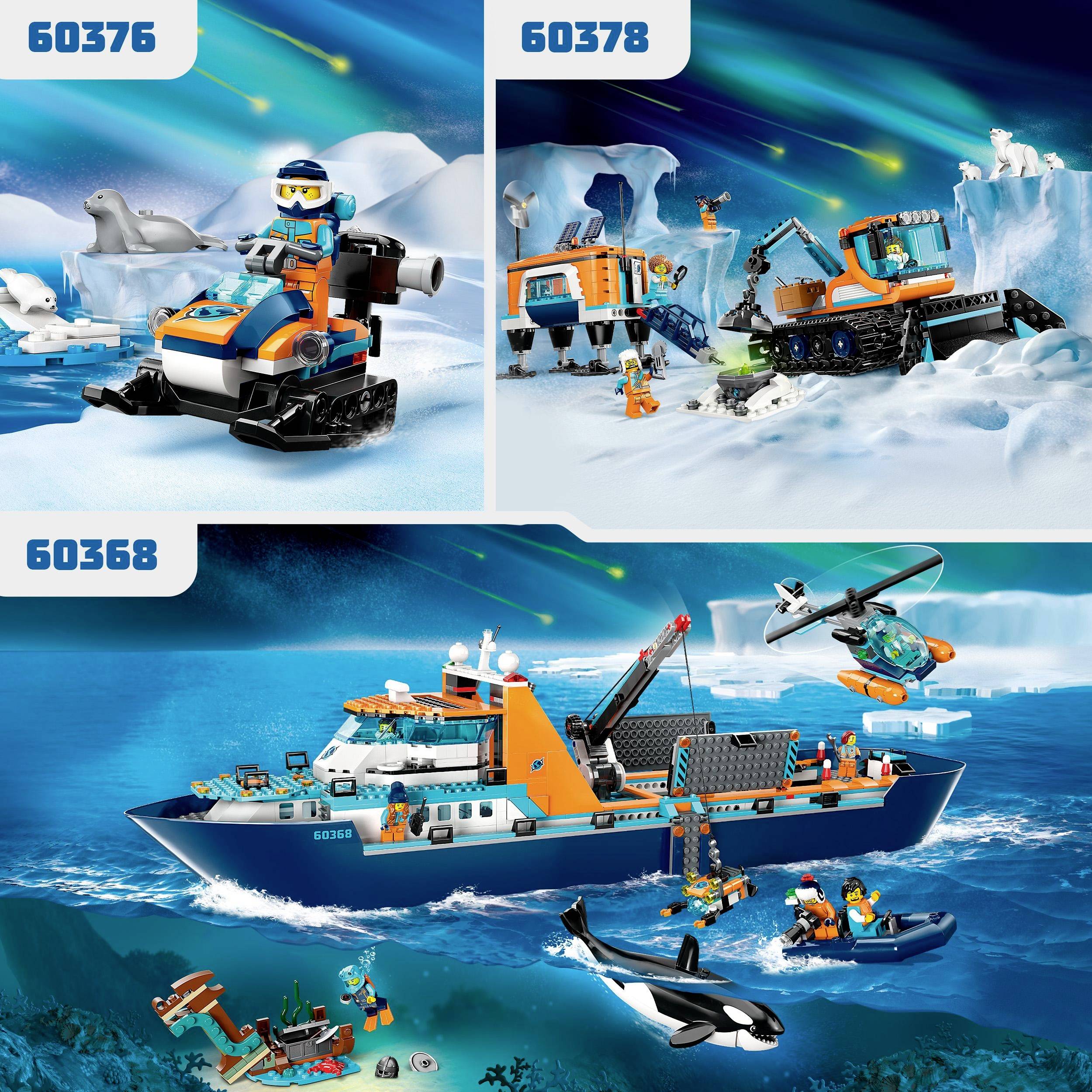 Drei LEGO-Sets in arktischer Umgebung. Oben links ein Schneefahrzeug, oben rechts ein arktisches Camp, unten ein Forschungsschiff mit Tieren.