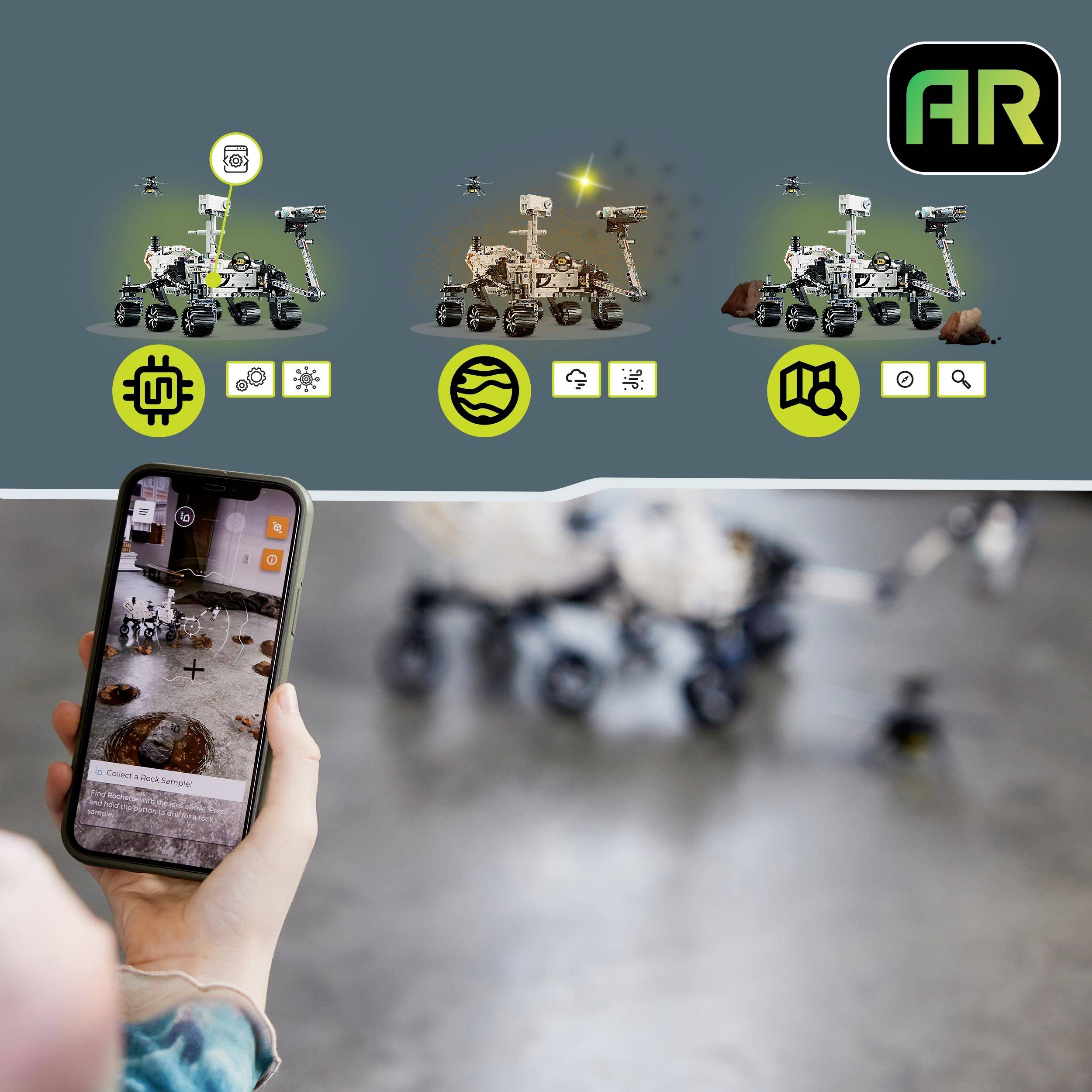 Hand hält Smartphone mit Augmented-Reality-App, zeigt Mars-Rover. Oben Symbole für AR und Rover-Funktionen. Person interagiert.