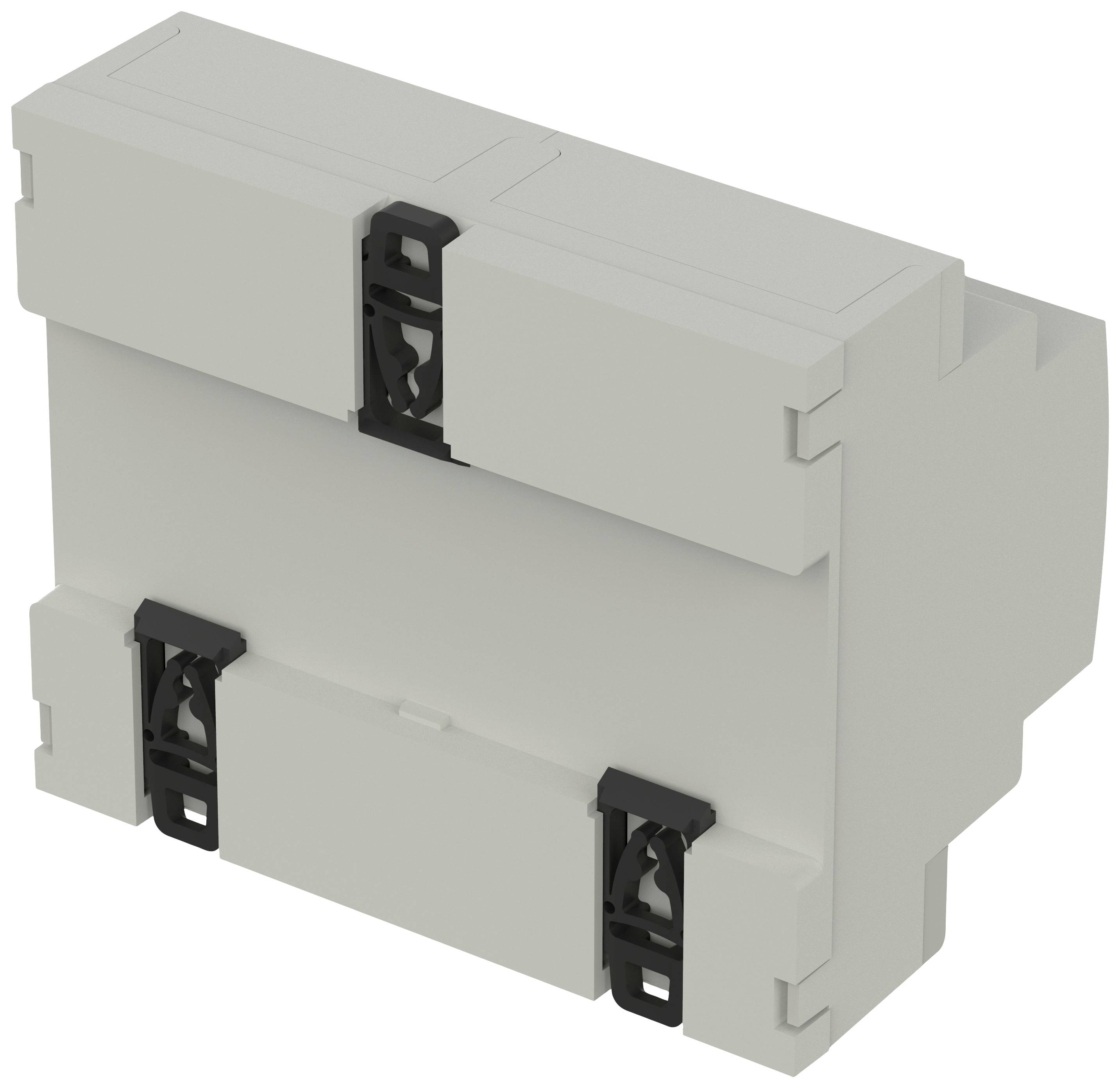 Elektronisches Gehäuse aus grauem Kunststoff, rechteckige Form, mit schwarzen Clips an den Seiten zur Befestigung an einer DIN-Schiene.
