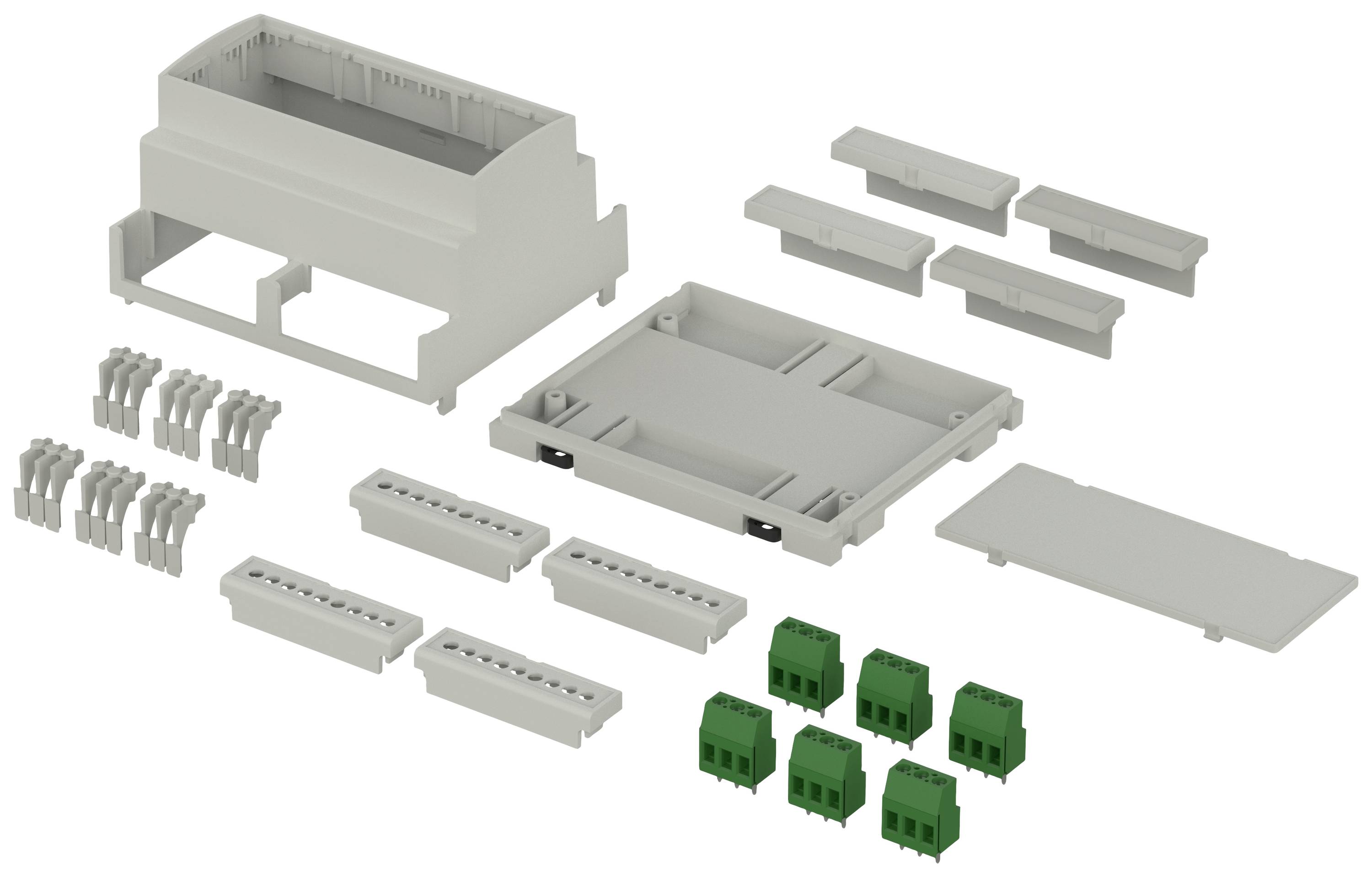 Ein Gehäuseset aus Kunststoff, bestehend aus einer Hauptschale, Abdeckungen, Montageclips und grüne, blockförmige Steckverbinder.