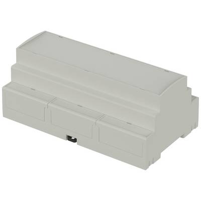 Gehäuse für DIN-Schienenmontage, grau, mit mehreren Modulplätzen, geeignet für elektronische Geräte oder Steuerungssysteme.