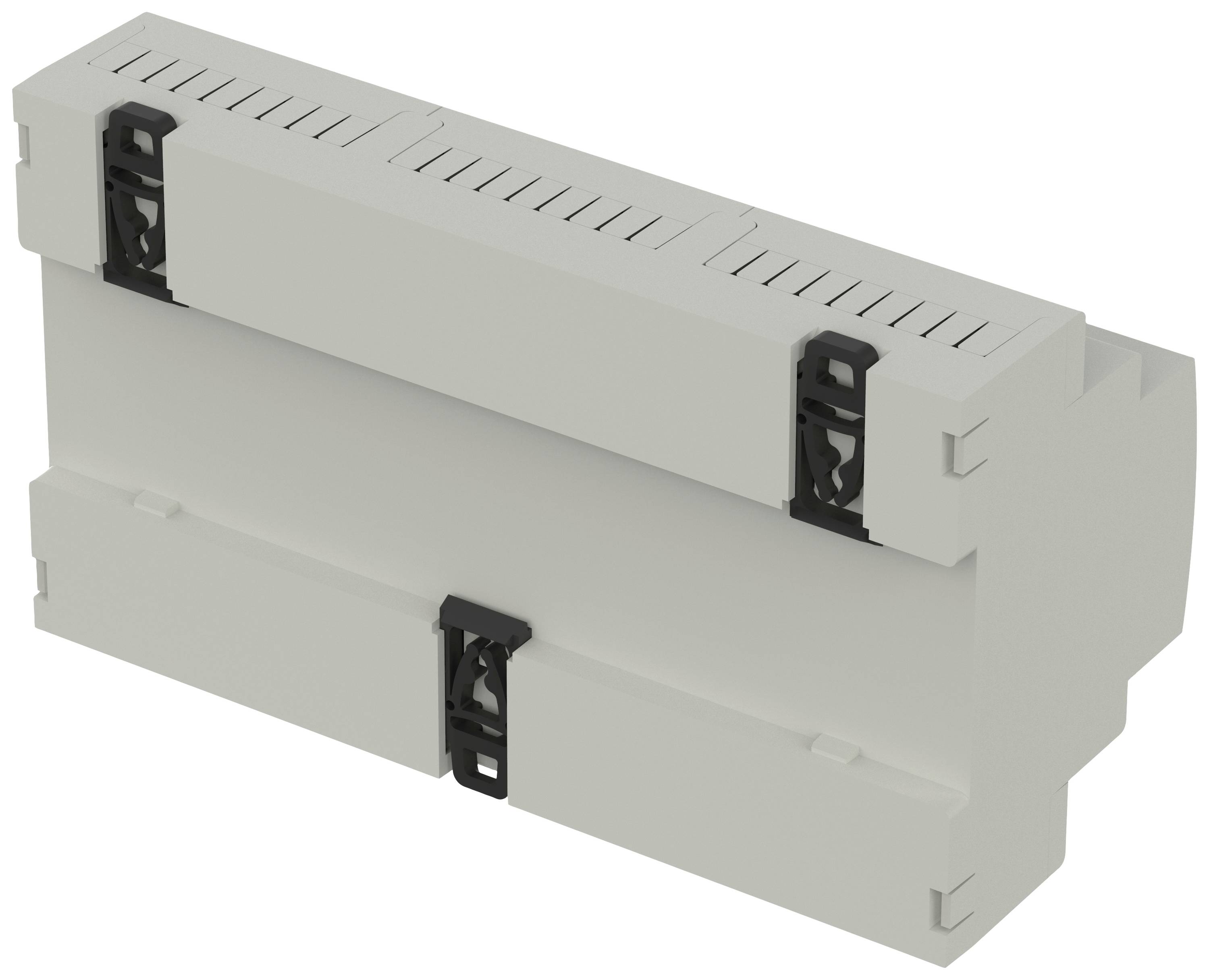 Gehäuse für elektronische Geräte, DIN-Schienenmontage, grau, rechteckige Form, mit Lüftungsschlitzen und schwarzem Clipverschluss.
