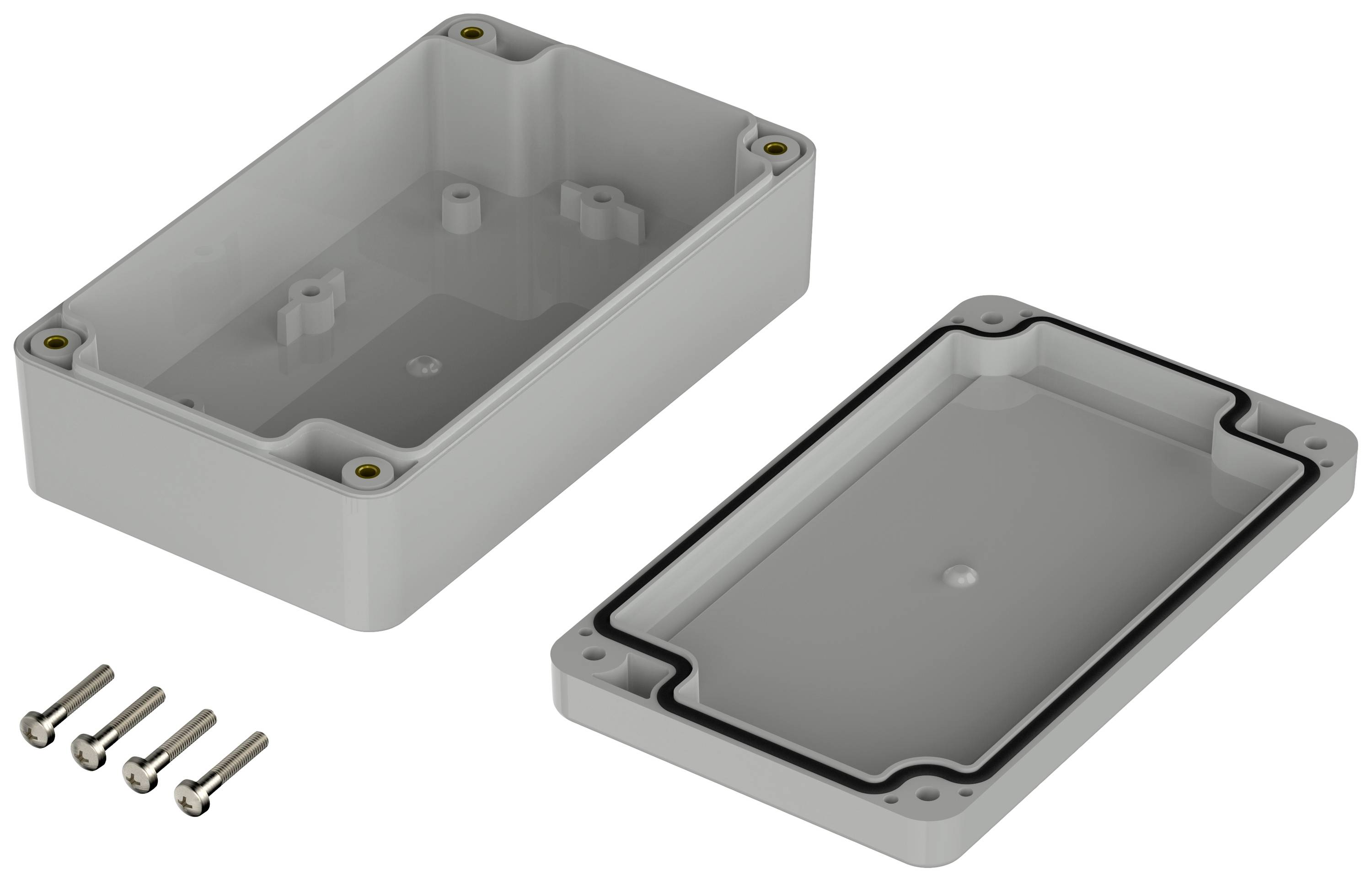 Graues Kunststoffgehäuse mit abnehmbarer Abdeckung, Dichtung und vier Schrauben. Ideal für elektronische Geräte und Verkabelung.