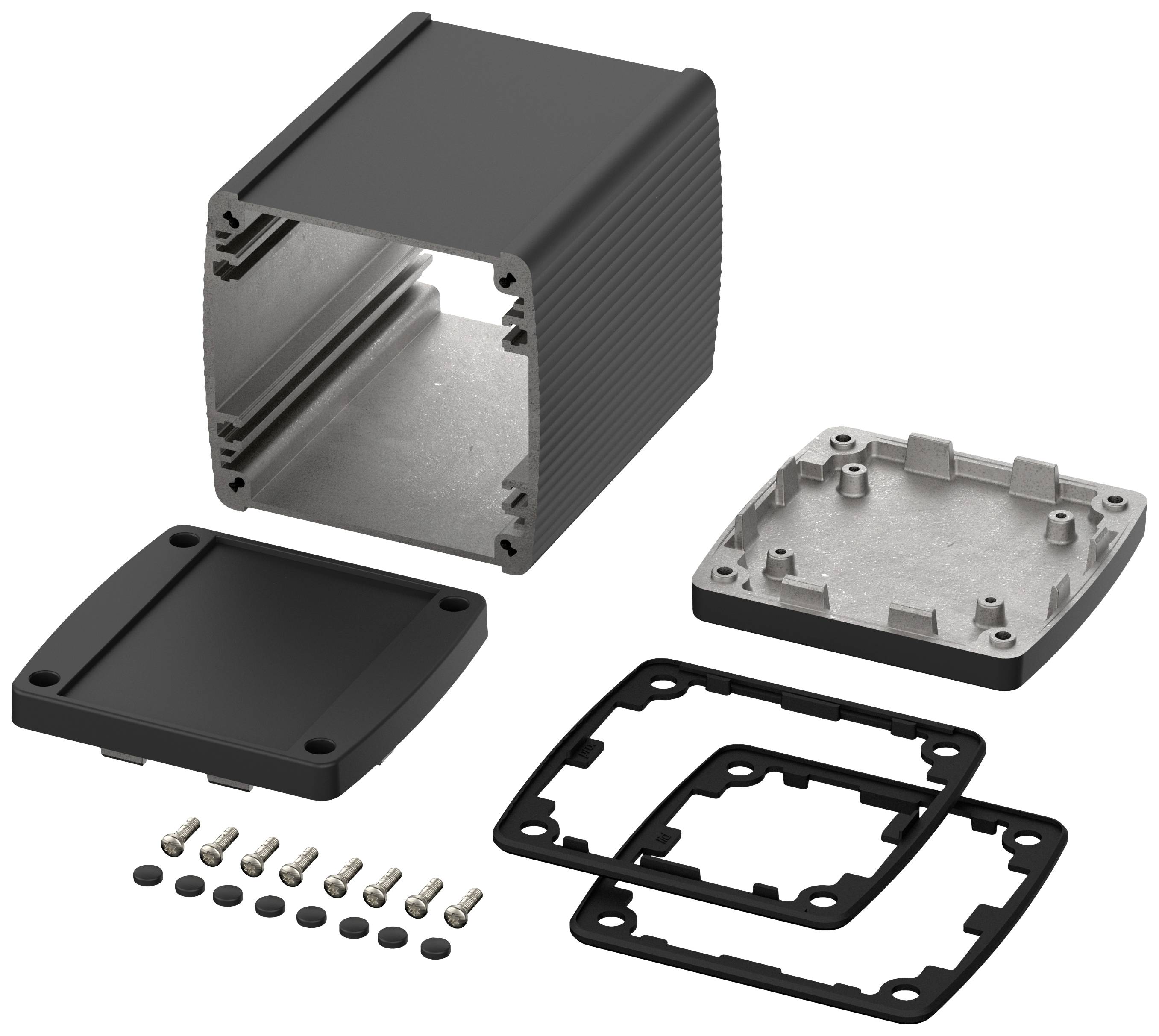 Ein auseinandergebautes Elektronikgehäuse mit einem Hauptkasten, zwei Deckeln, Dichtungen und Schraubelementen.