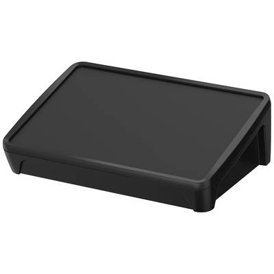 Ein schwarzer Monitorständer, rechteckig und robust, dient dazu, einen Bildschirm auf ergonomische Augenhöhe anzuheben.