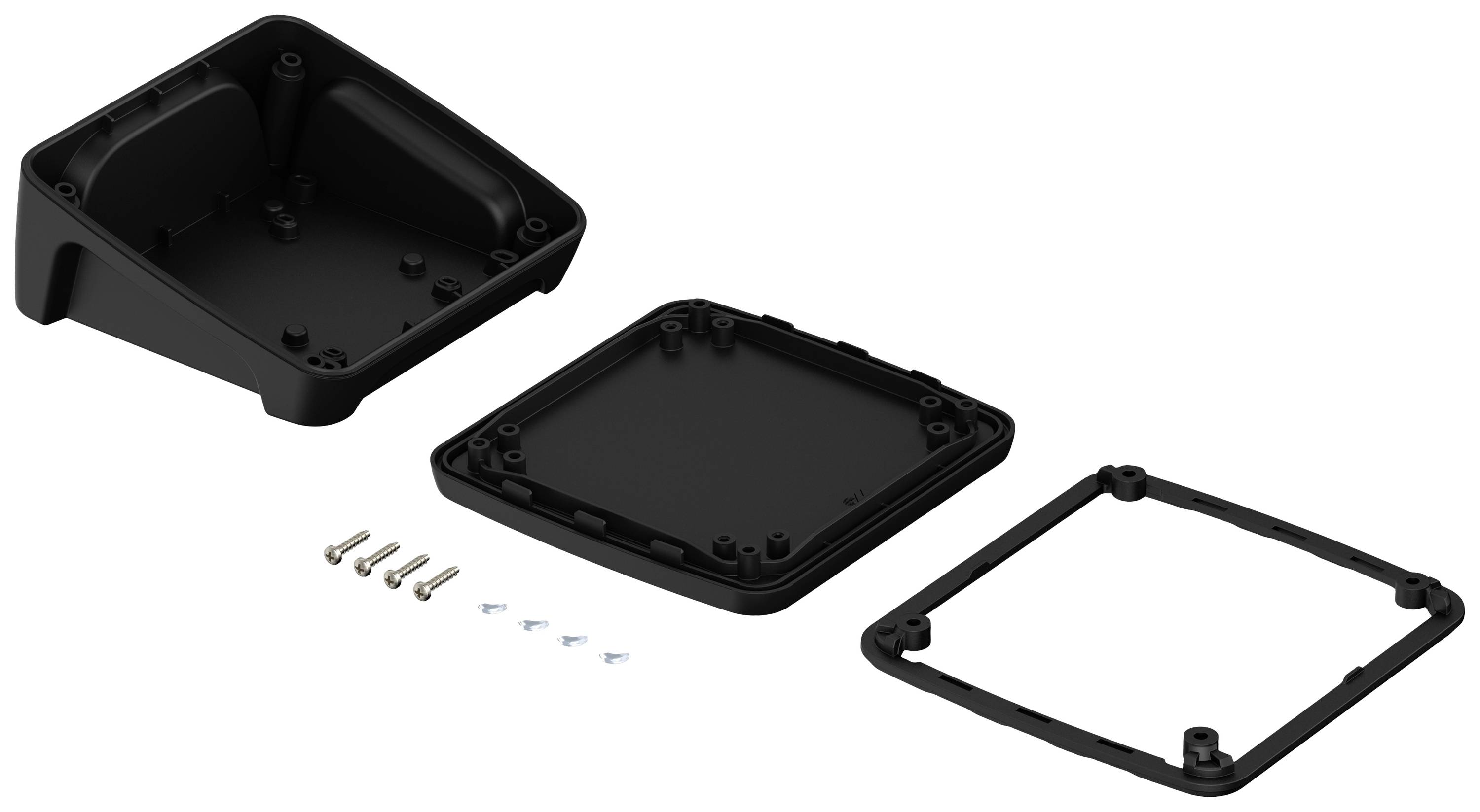 Schwarz eloxierte Aluminium-Gehäuseteile eines elektronischen Produkts, darunter Schrauben und eine Abdeckung, auf weißem Hintergrund.