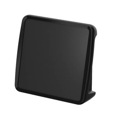 Ein schwarzes, quadratisches Displaygerät mit leicht geneigter Vorderseite, vermutlich ein digitaler Bilderrahmen oder Monitor.