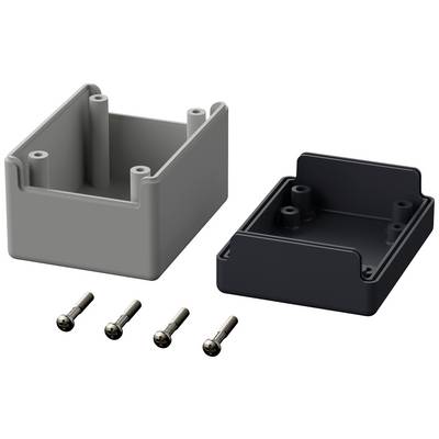 Zwei rechteckige Gehäuseteile in Grau und Schwarz nebeneinander, mit je vier Schrauben vorne. Ideal für elektronische Projekte.