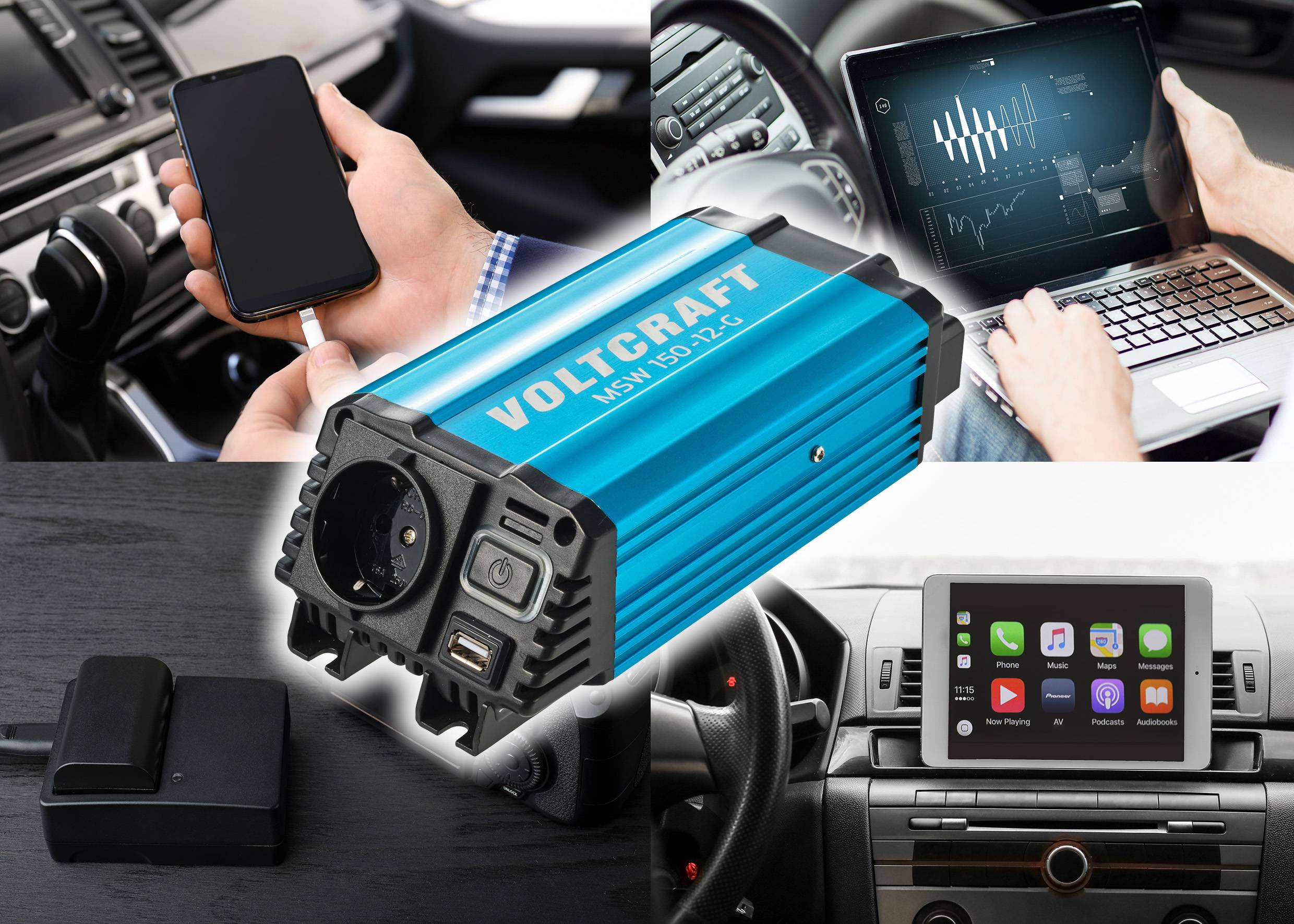 Ein blauer Voltcraft Spannungswandler wird in verschiedenen Fahrzeugen genutzt, um Mobilgeräte und einen Laptop mit Strom zu versorgen.