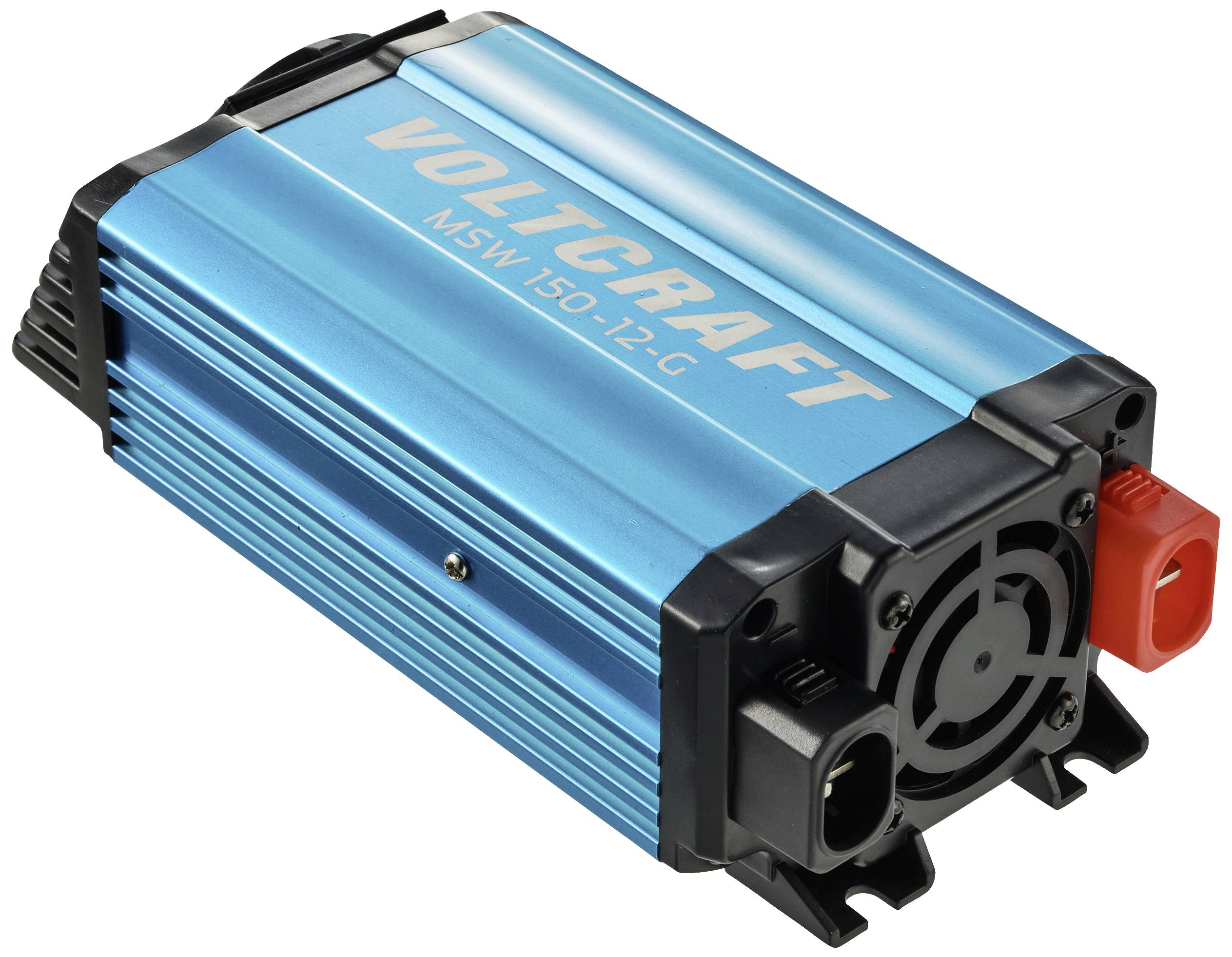 Ein blauer Spannungswandler der Marke Voltcraft mit Modellnummer MSW 150-12-G. Er hat Lüftungsschlitze und elektrische Anschlüsse.