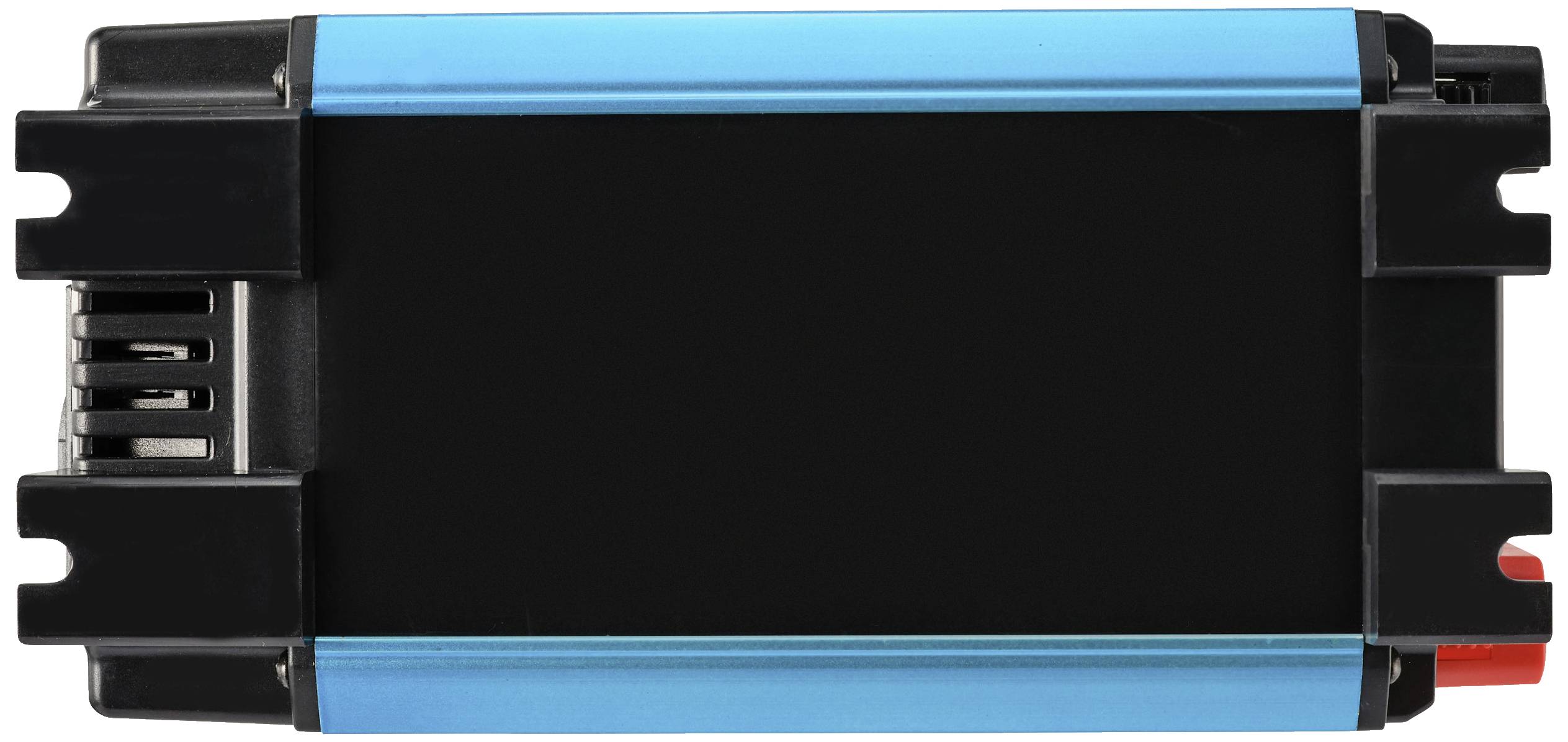 Schwarzes und blaues elektronisches Gerät, rechteckig, mit Anschlusssteckern an den Seiten.