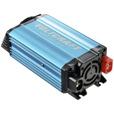 Ein blauer Spannungswandler der Marke Voltcraft, Modell MSW300-12G, mit Lüfter und Anschlüssen, zur Umwandlung von Gleichstrom in Wechselstrom.