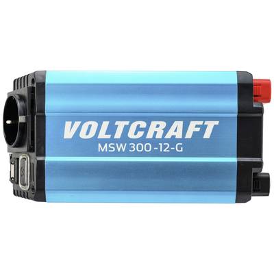 Blauer Spannungswandler 'Voltcraft MSW 300-12-G' mit schwarzem und rotem Anschluss. Gerät zur Umwandlung von Gleich- in Wechselstrom.