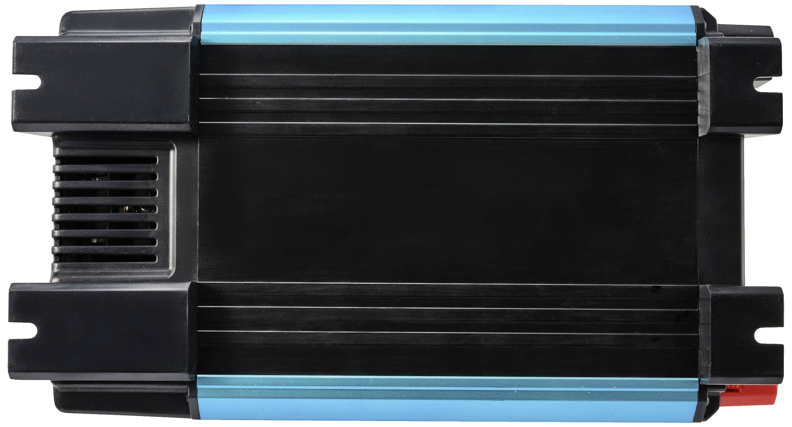 Ein rechteckiger, schwarzer elektrischer Inverter mit blauen Akzenten. Das Gerät hat Kühlrippen auf einer Seite und Anschlussklemmen.