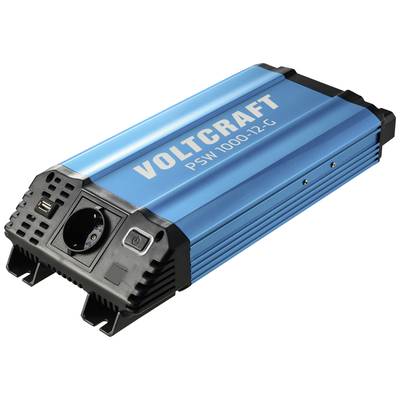 Ein blauer Spannungswandler der Marke Voltcraft, Modell PSW 1000-12-G. Er verfügt über eine Steckdose und einen USB-Anschluss.