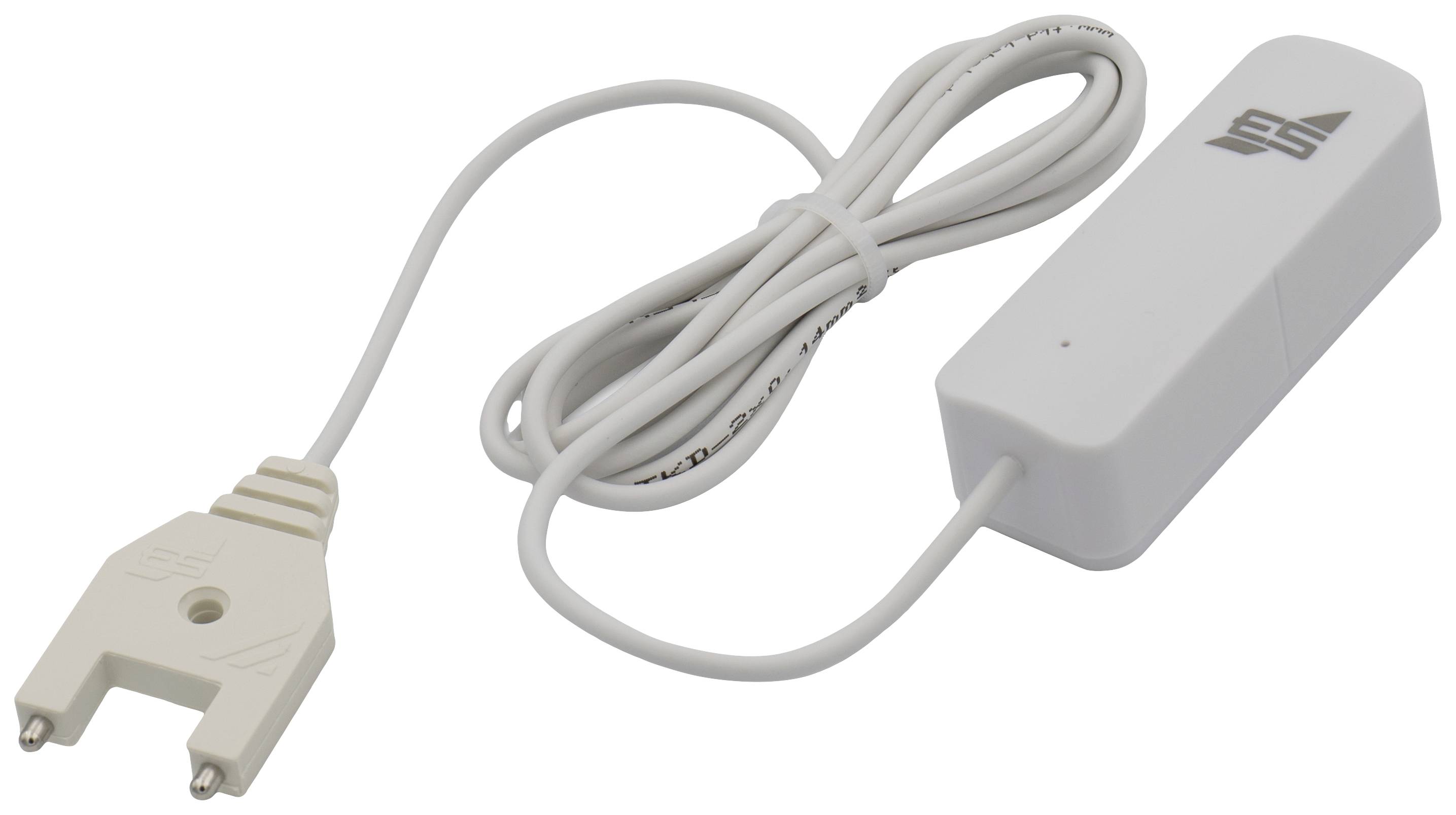 Weißer Wassersensor mit Kabel, links ein Sensorstecker und rechts ein rechteckiges Gehäuse mit Markierung, zur Leckerkennung.