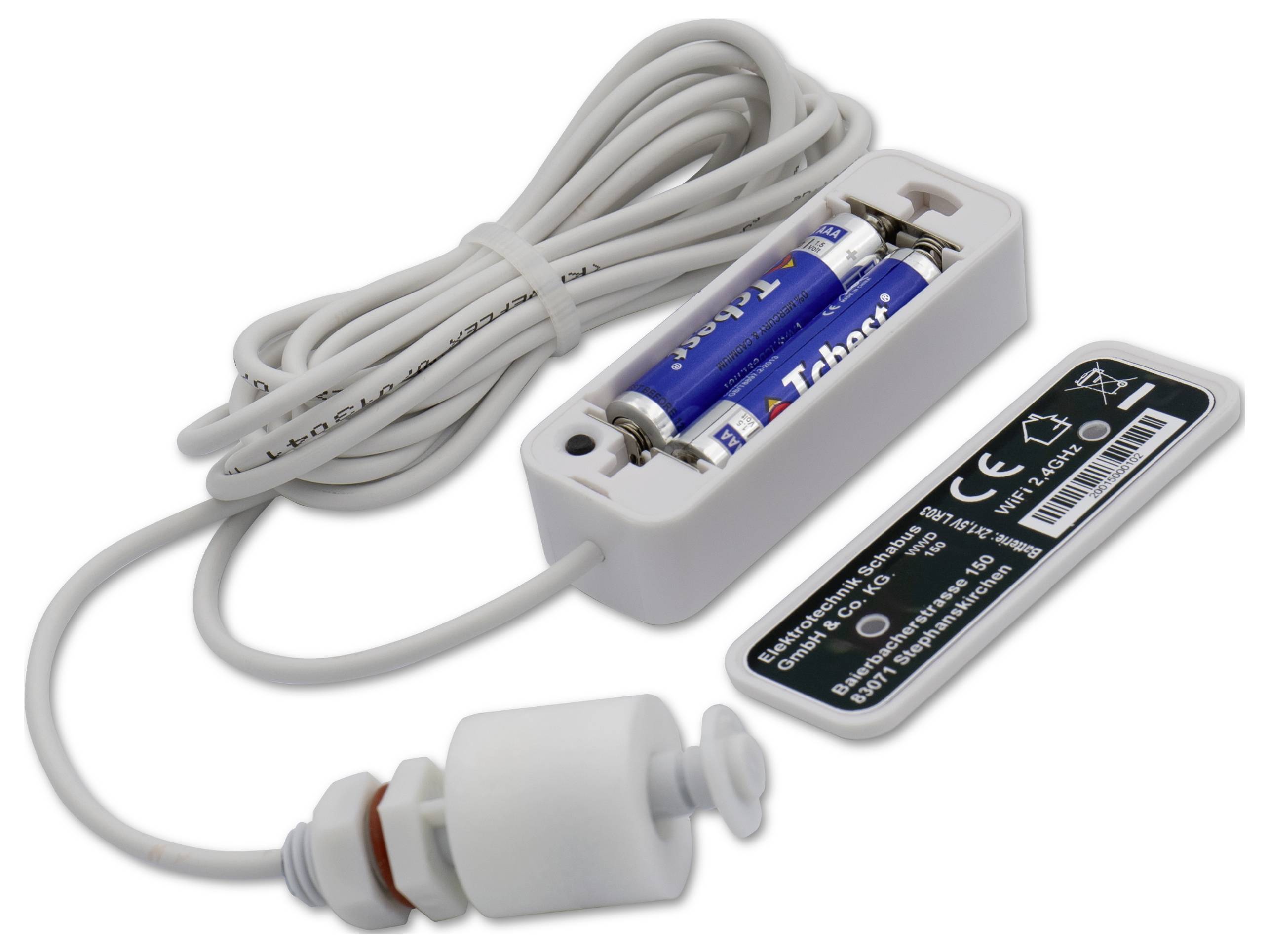 Ein Wasserstandssensor mit Kunststoffschwimmer, Batteriefach mit zwei AA-Batterien und einem langen weißen Kabel zur Verbindung.
