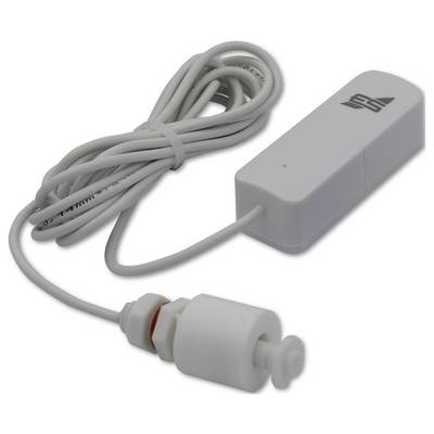 Ein weißer Leckagesensor mit Kabel, bestehend aus einem rechteckigen Gehäuse und einem zylindrischen Sensor am Ende des Kabels.